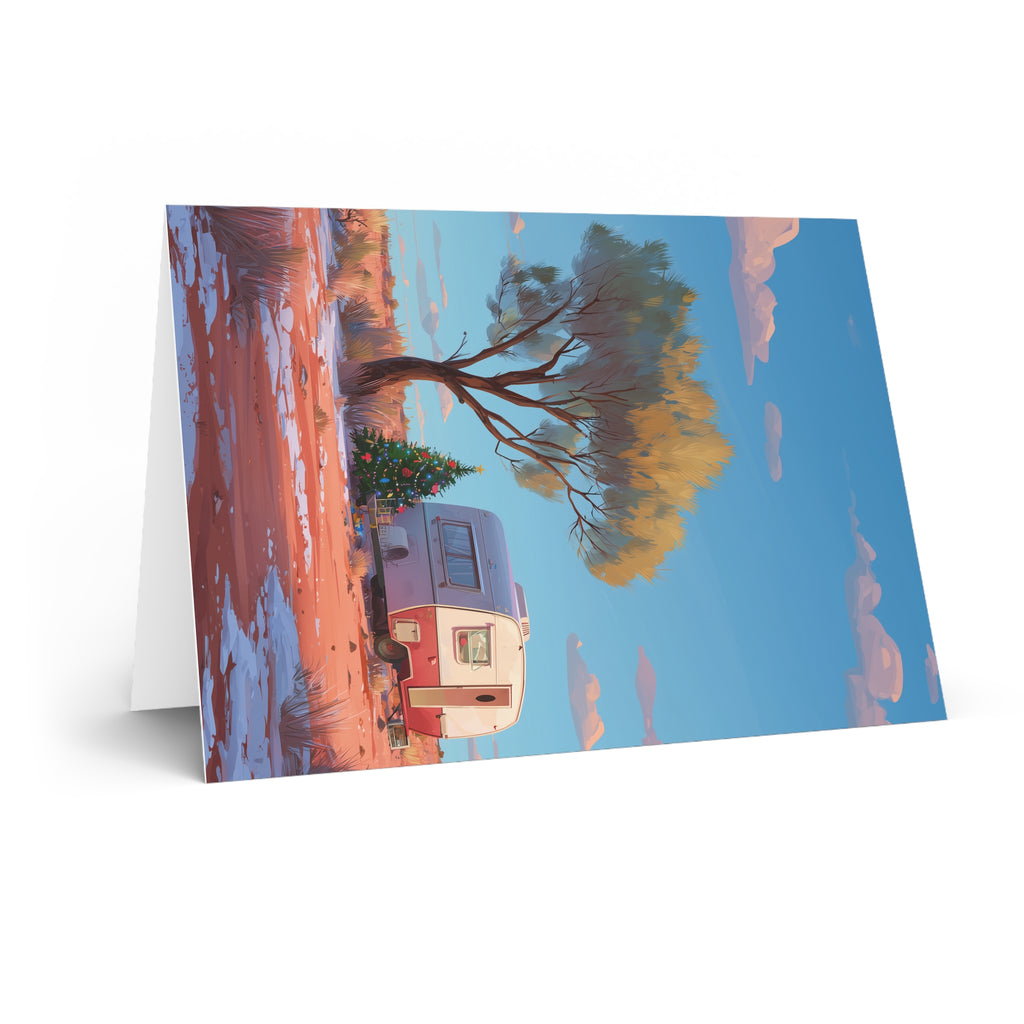 Camping Caravan Greeting Card — Retro Camper & Pine Trees Note Card
