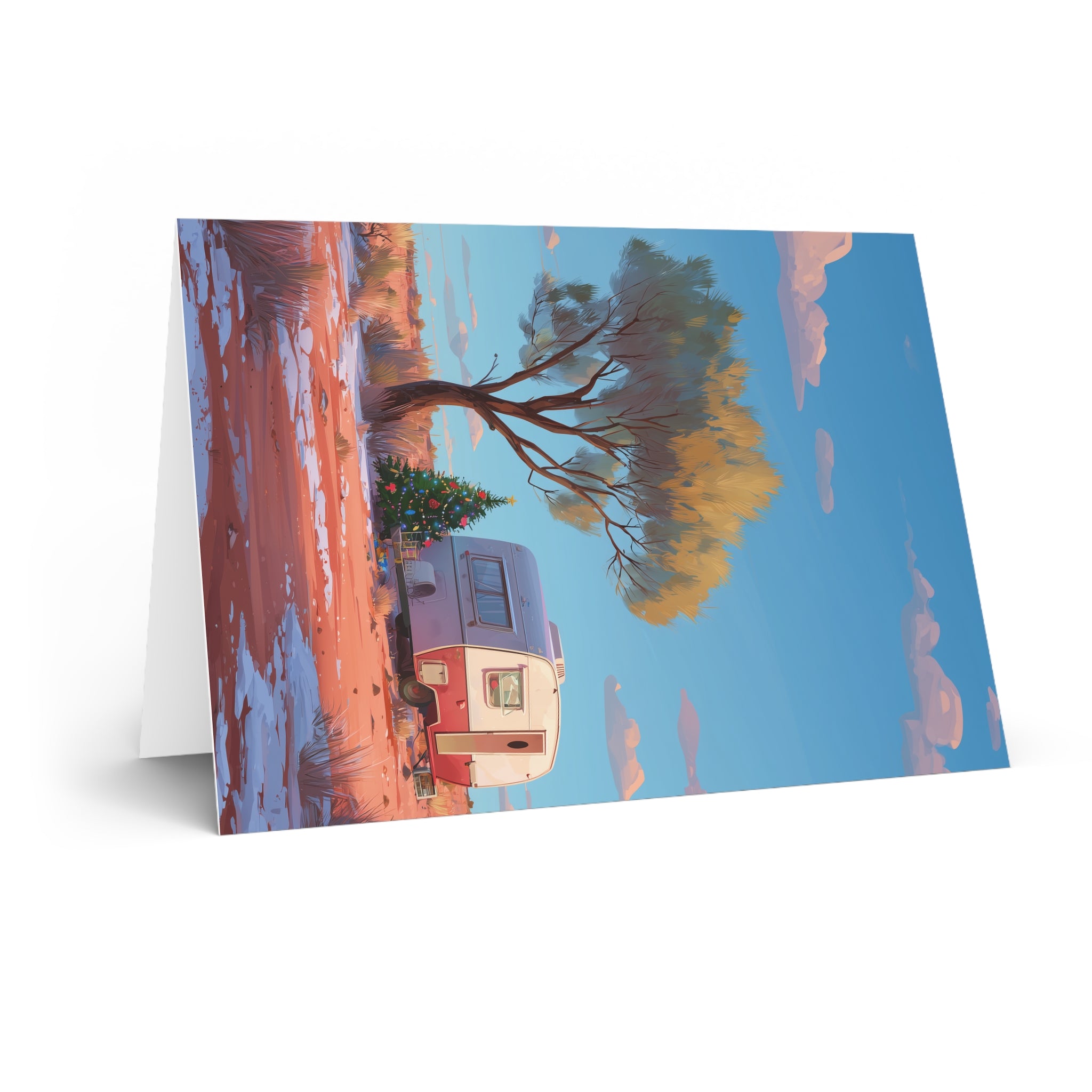 Camping Caravan Greeting Card — Retro Camper & Pine Trees Note Card