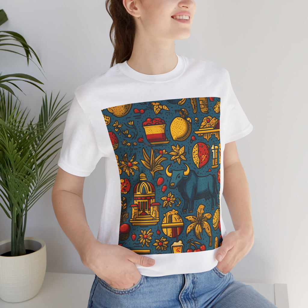 Vibrant Spanish Print Tee, Casual T-Shirt, Comfortable Unisex Shirt, Gift for Nature Lovers, Summer Style, Outdoor Wear, Trendy Apparel
