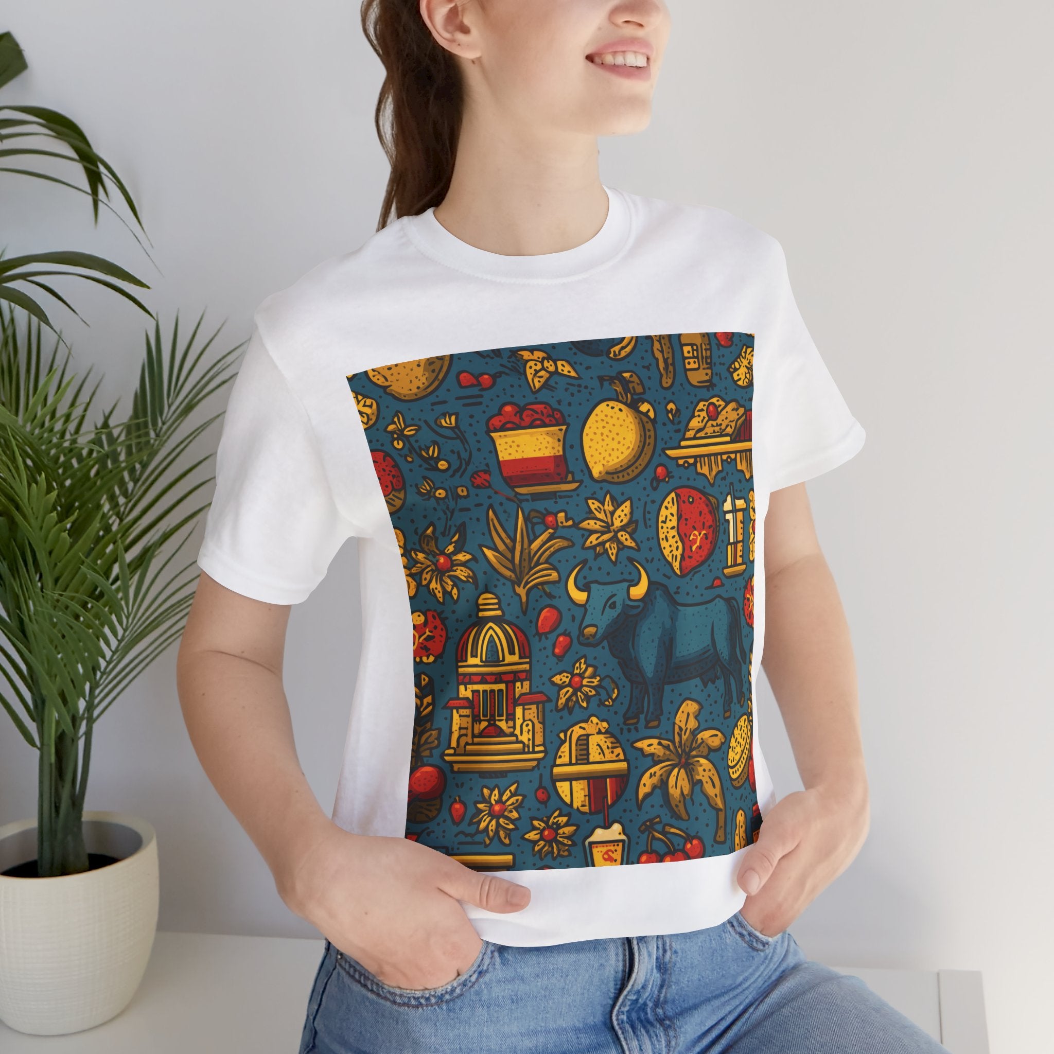 Vibrant Spanish Print Tee, Casual T-Shirt, Comfortable Unisex Shirt, Gift for Nature Lovers, Summer Style, Outdoor Wear, Trendy Apparel
