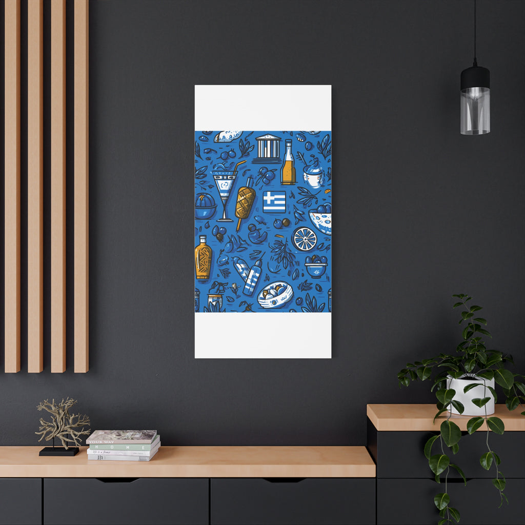 Vibrant Canvas Wall Art, Blue Mediterranean Theme, Kitchen Decor, Greek Party Decor, Olive and Drink Motif