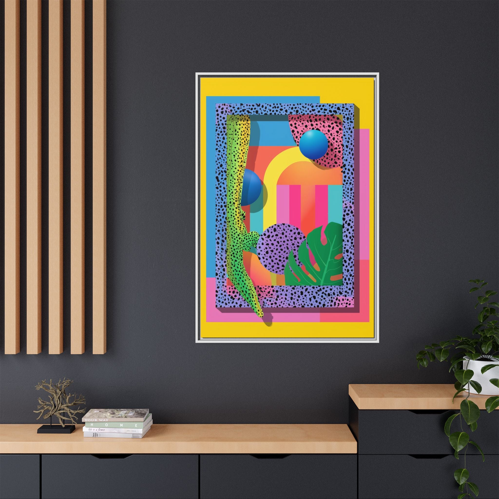 Geometric Rhythms: Abstract Layers of Color, Dimensional Shapes and Tropical Elements, Vibrant Modern Art Composition   |   Custom Orders