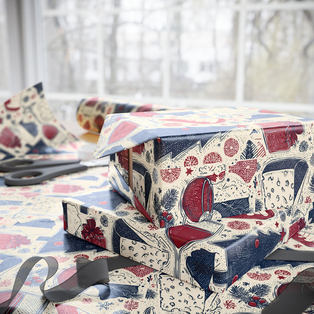 Festive Red & Navy French Christmas Tree Wrapping Paper — Holiday Gift Wrap Roll
