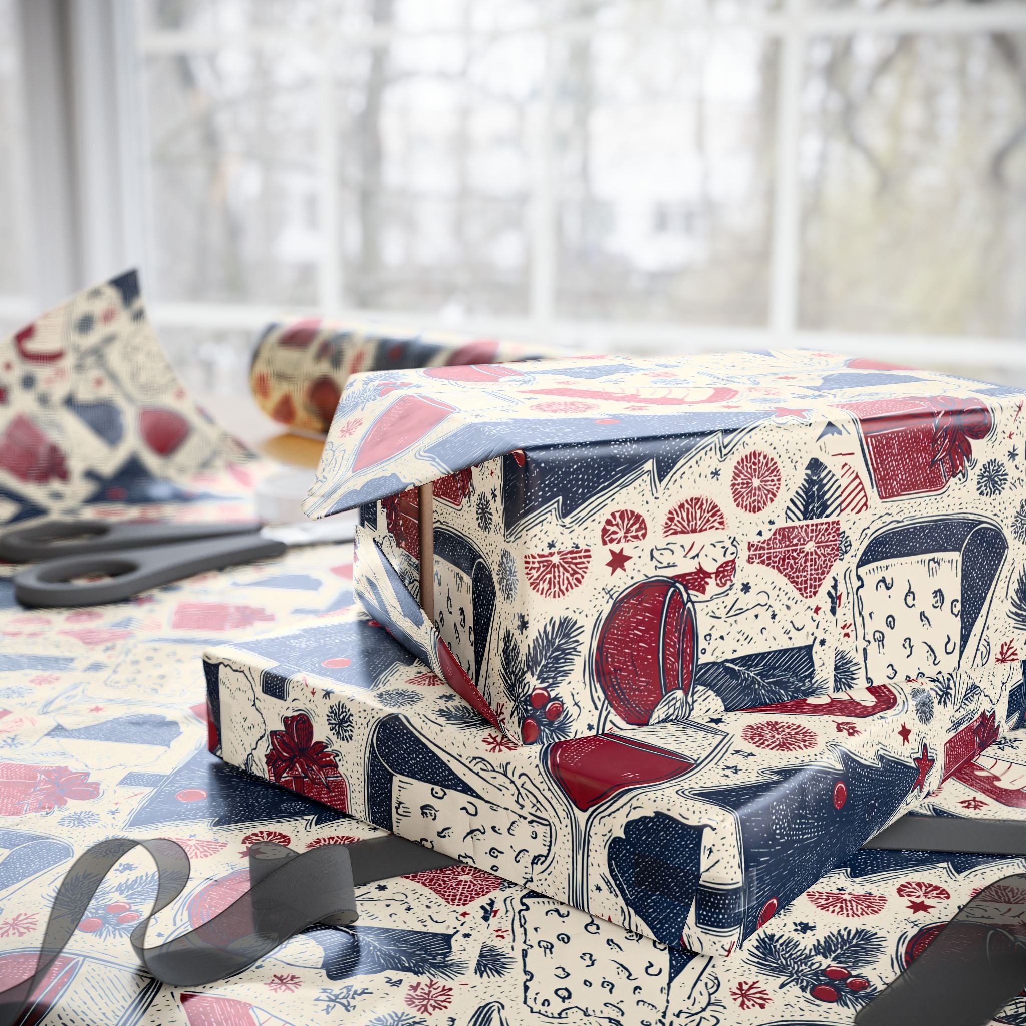 Festive Red & Navy French Christmas Tree Wrapping Paper — Holiday Gift Wrap Roll