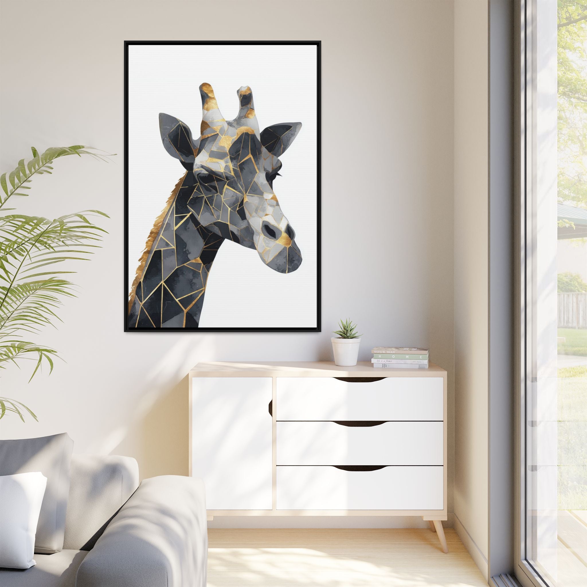 Geometric Giraffe Mosaic Framed Print : Contemporary Cubist Animal Portrait, Metallic Gold Angular Design   |   Custom Orders Available