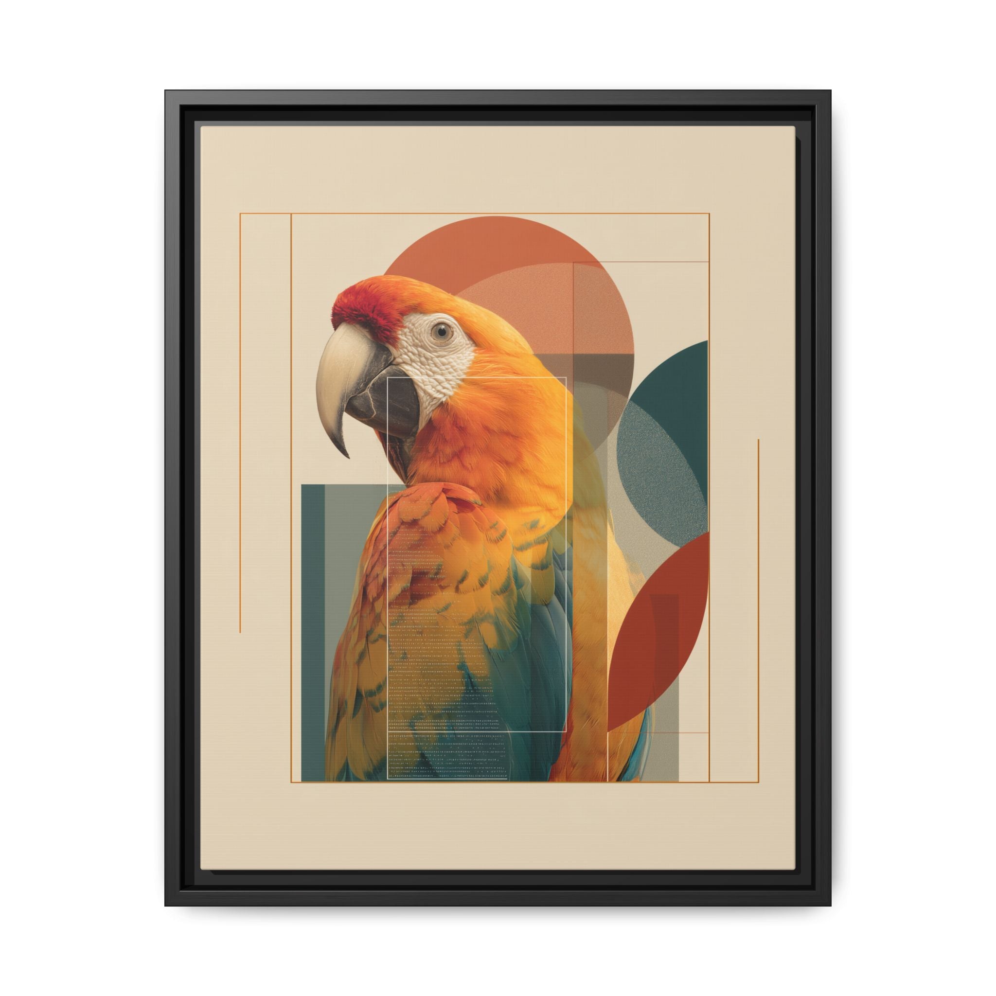 Scarlet Symphony: Macaw in Geometric Abstraction, Modern Graphic Design Artwork   |    Custom Orders Available