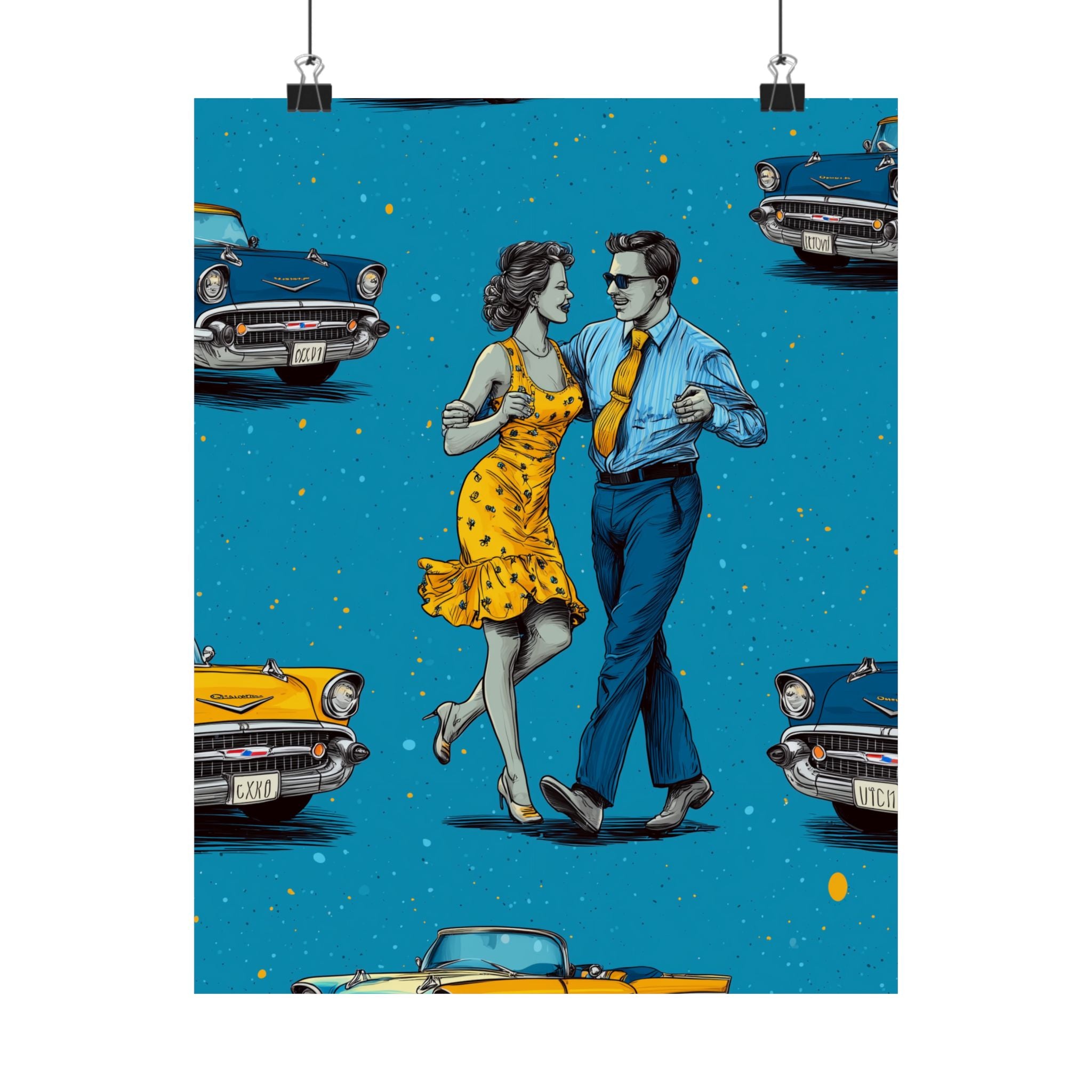 Retro Cuba Cuban Salsa Dance Poster, Vintage Wall Art, 1950s Decor, Blue Car Art, Nostalgic Home Decoration
