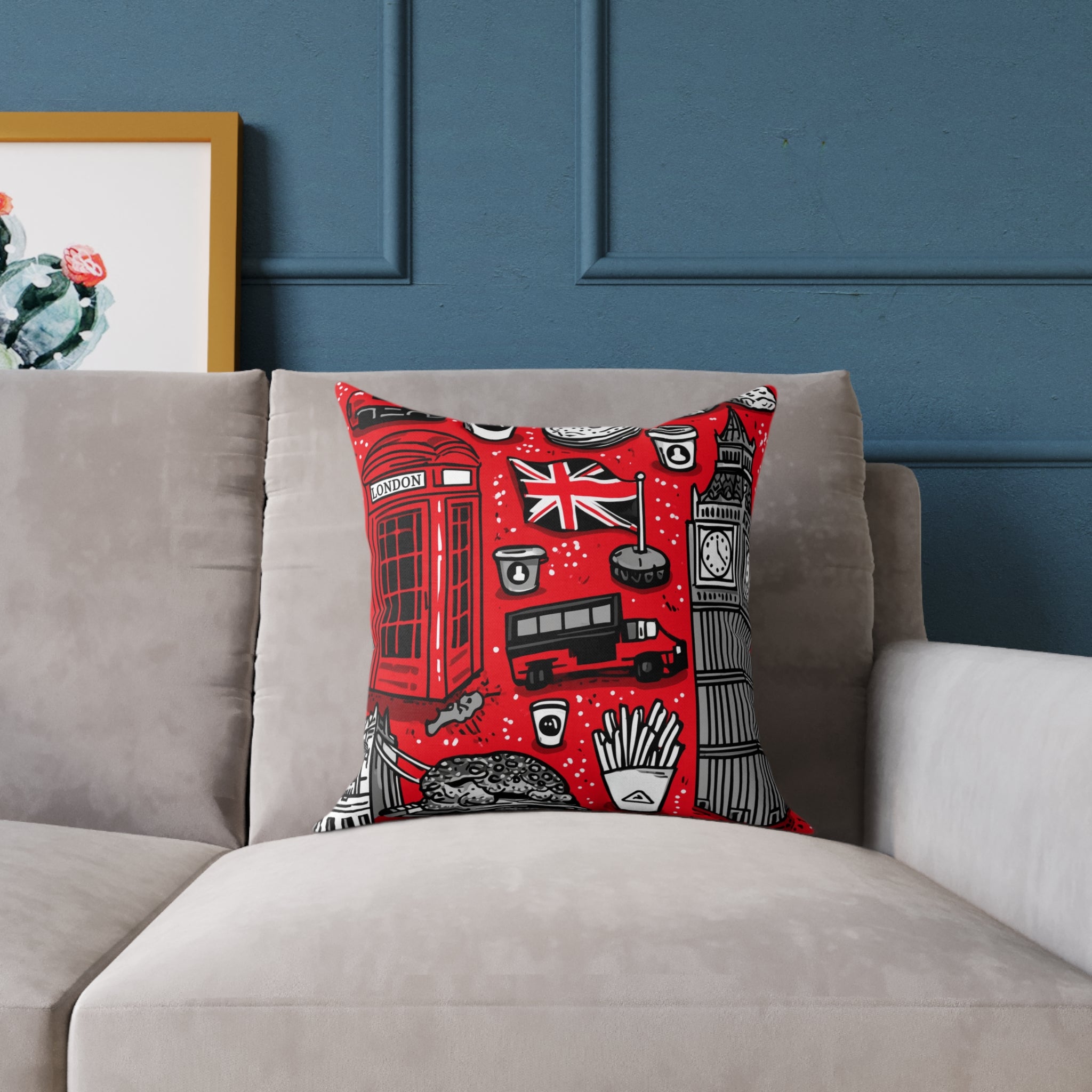 London-Themed Square Poly Canvas Pillow, Unique Home Decor, Cozy Cushion for Travel Lovers, British Inspired Design, Gift for Her