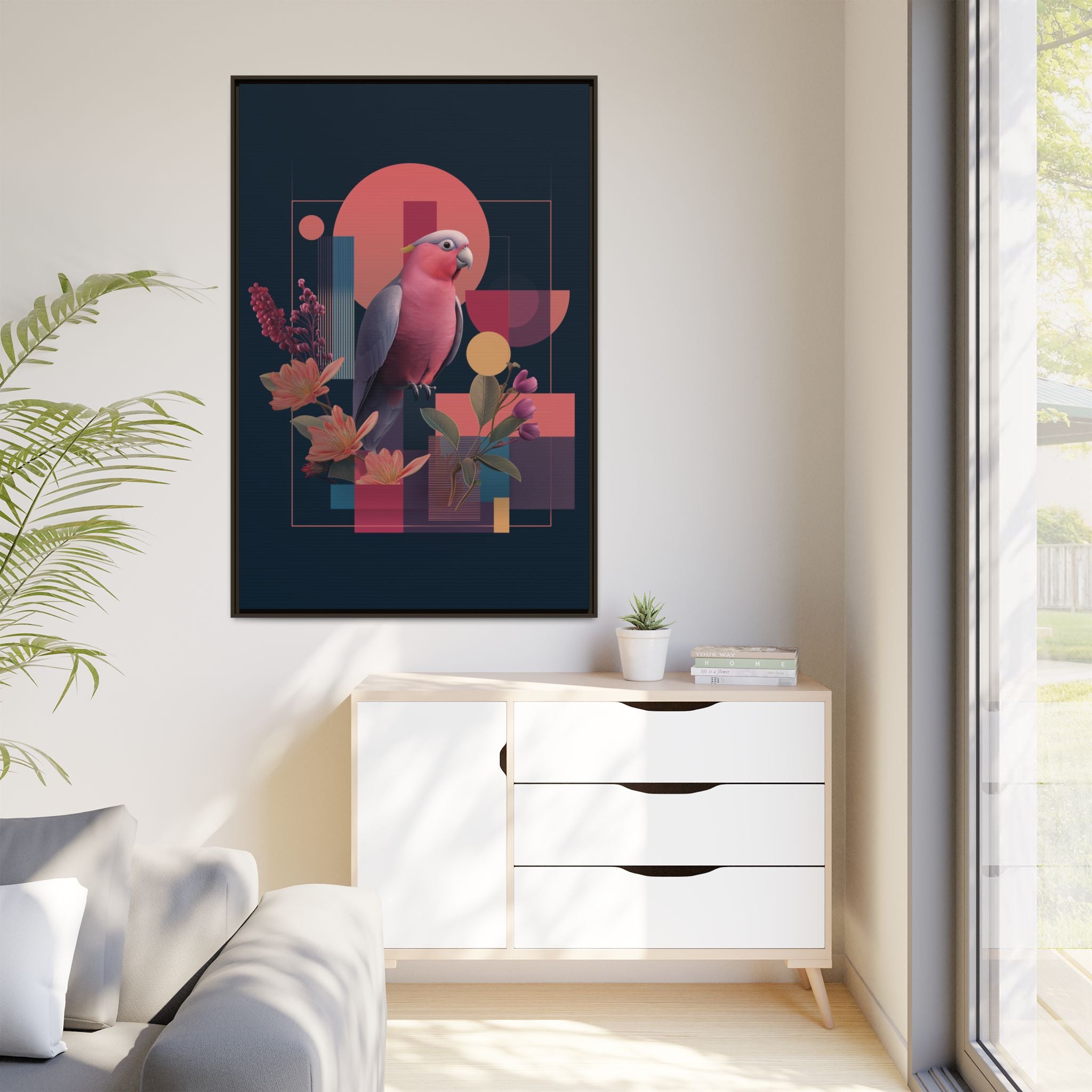 Galah Geometric Framed Print : Stylized Digital Cockatoo Portrait, Contemporary Abstract Botanical    |   Custom Orders Accepted