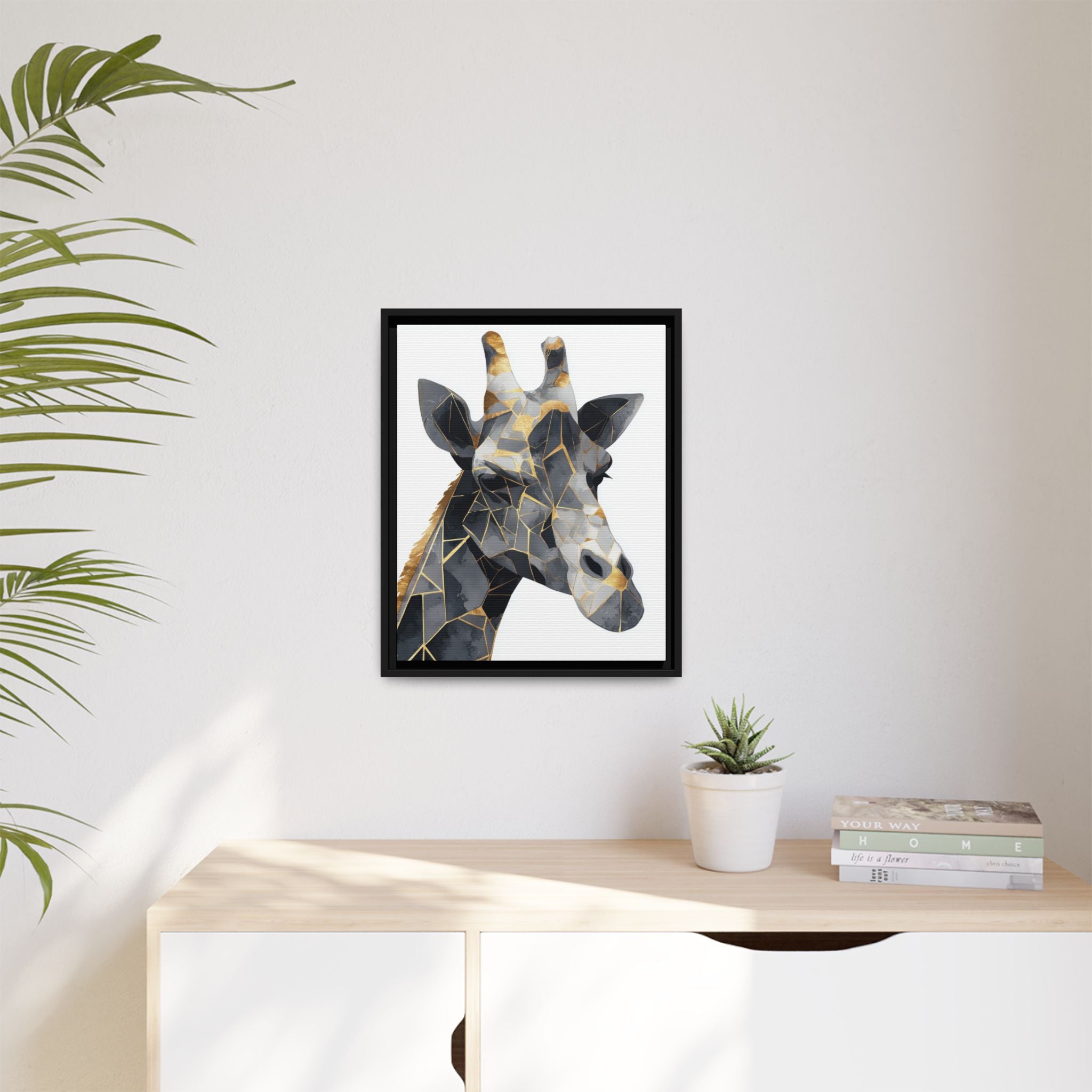 Geometric Giraffe Mosaic Framed Print : Contemporary Cubist Animal Portrait, Metallic Gold Angular Design   |   Custom Orders Available