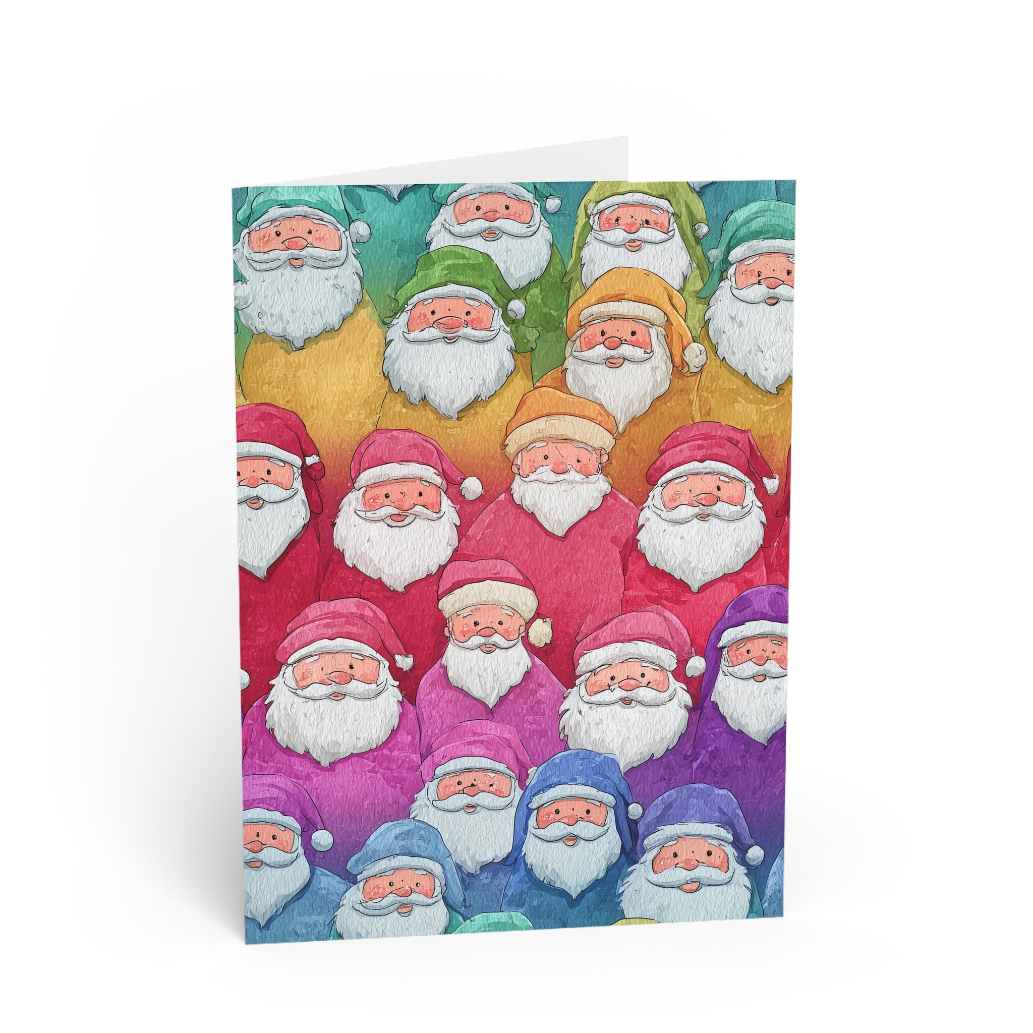 Christmas Santa Pattern Greeting Card — Colorful Watercolor Santas Holiday Card