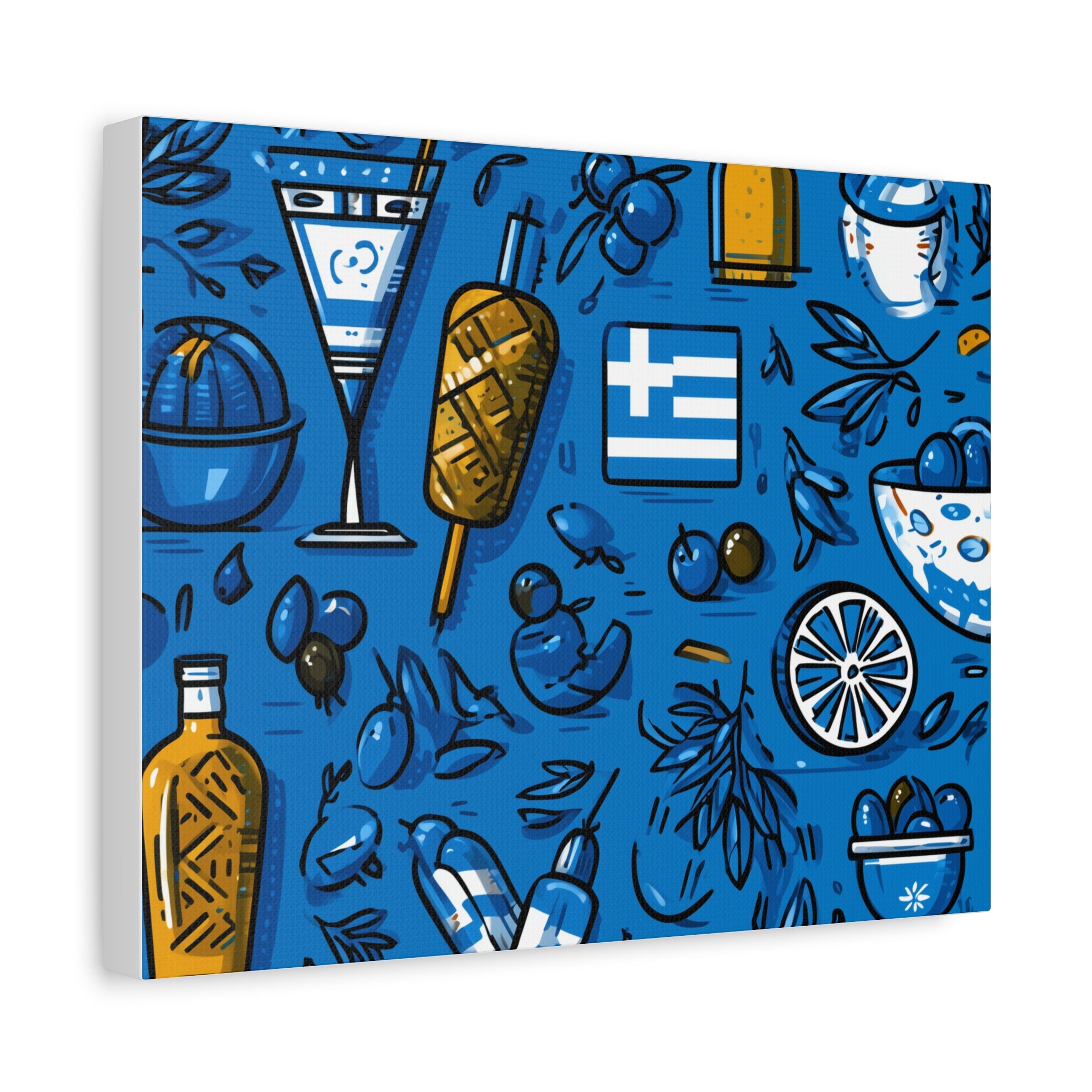 Vibrant Canvas Wall Art, Blue Mediterranean Theme, Kitchen Decor, Greek Party Decor, Olive and Drink Motif