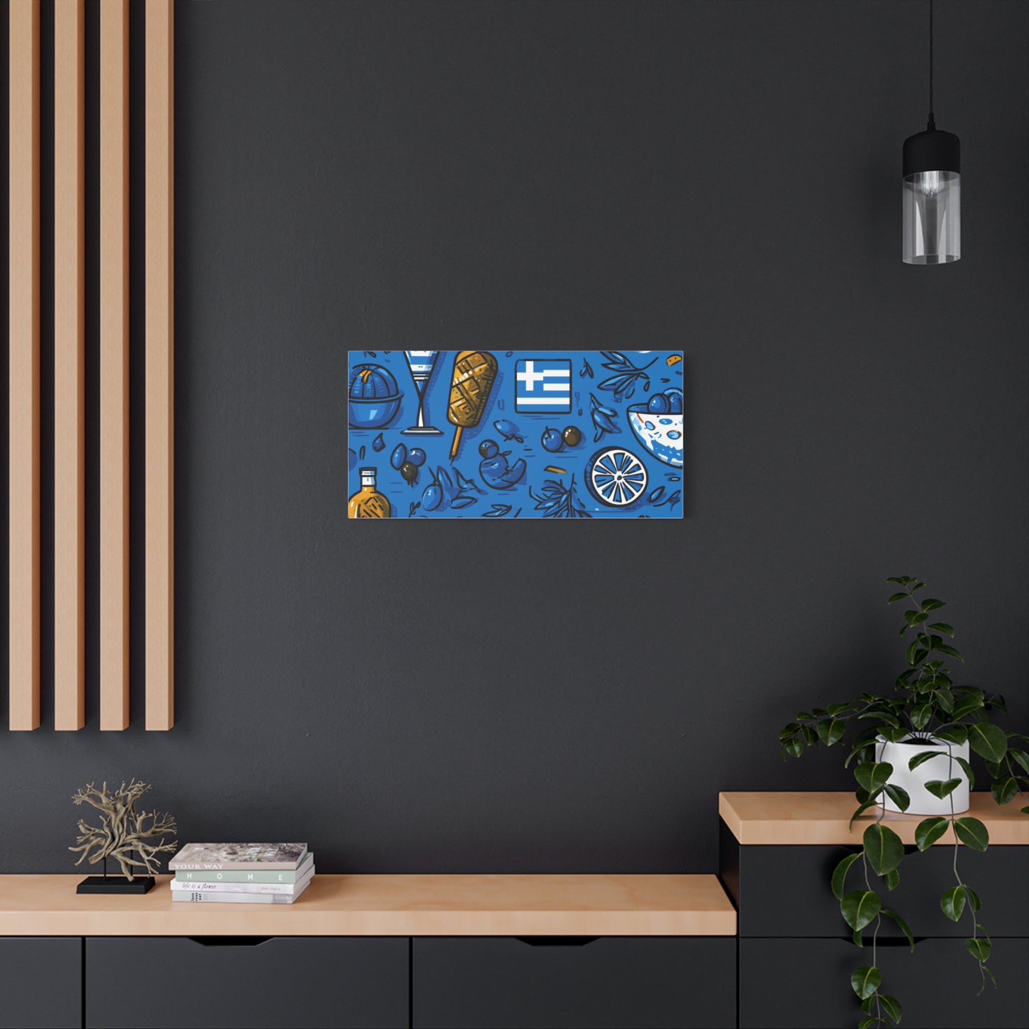 Vibrant Canvas Wall Art, Blue Mediterranean Theme, Kitchen Decor, Greek Party Decor, Olive and Drink Motif