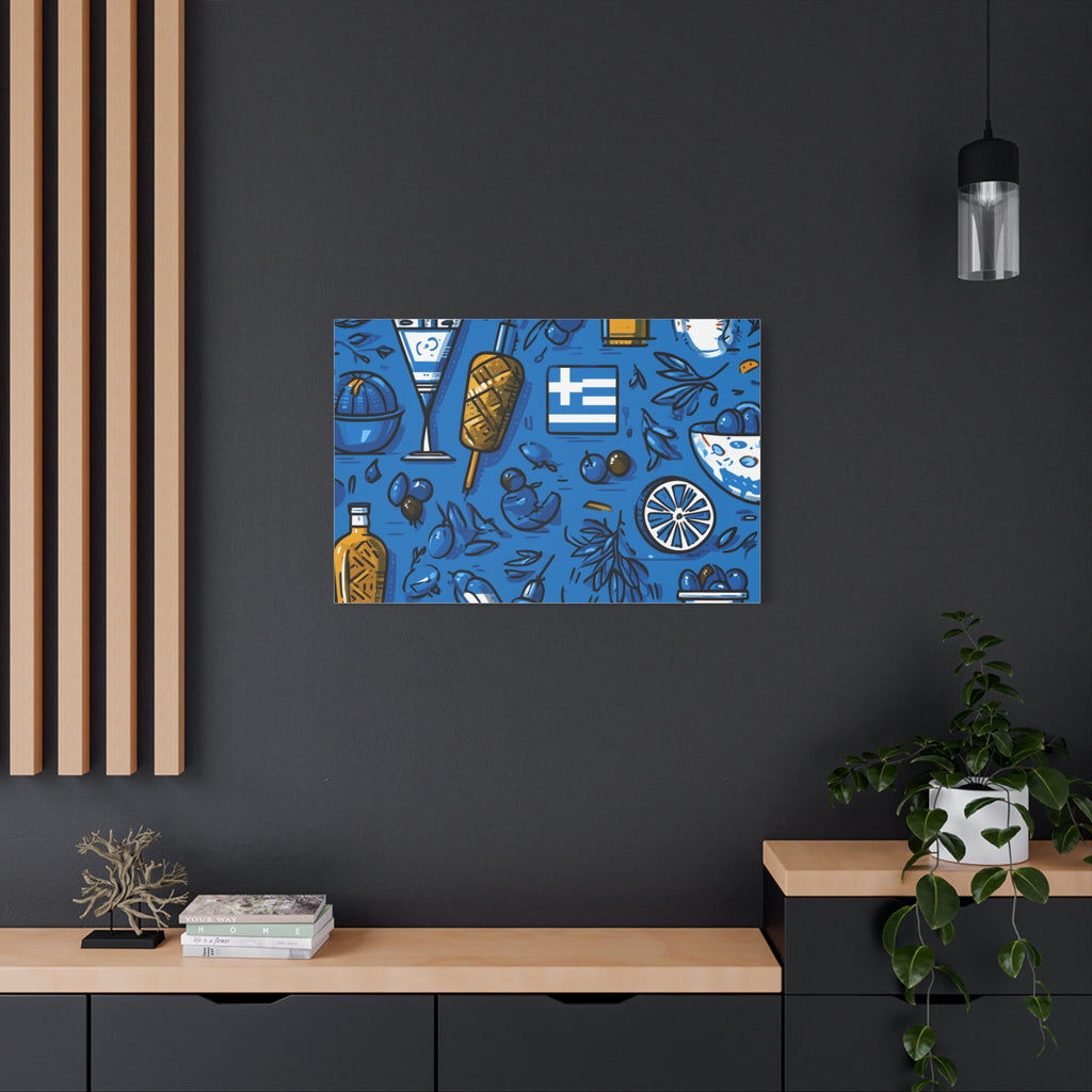 Vibrant Canvas Wall Art, Blue Mediterranean Theme, Kitchen Decor, Greek Party Decor, Olive and Drink Motif