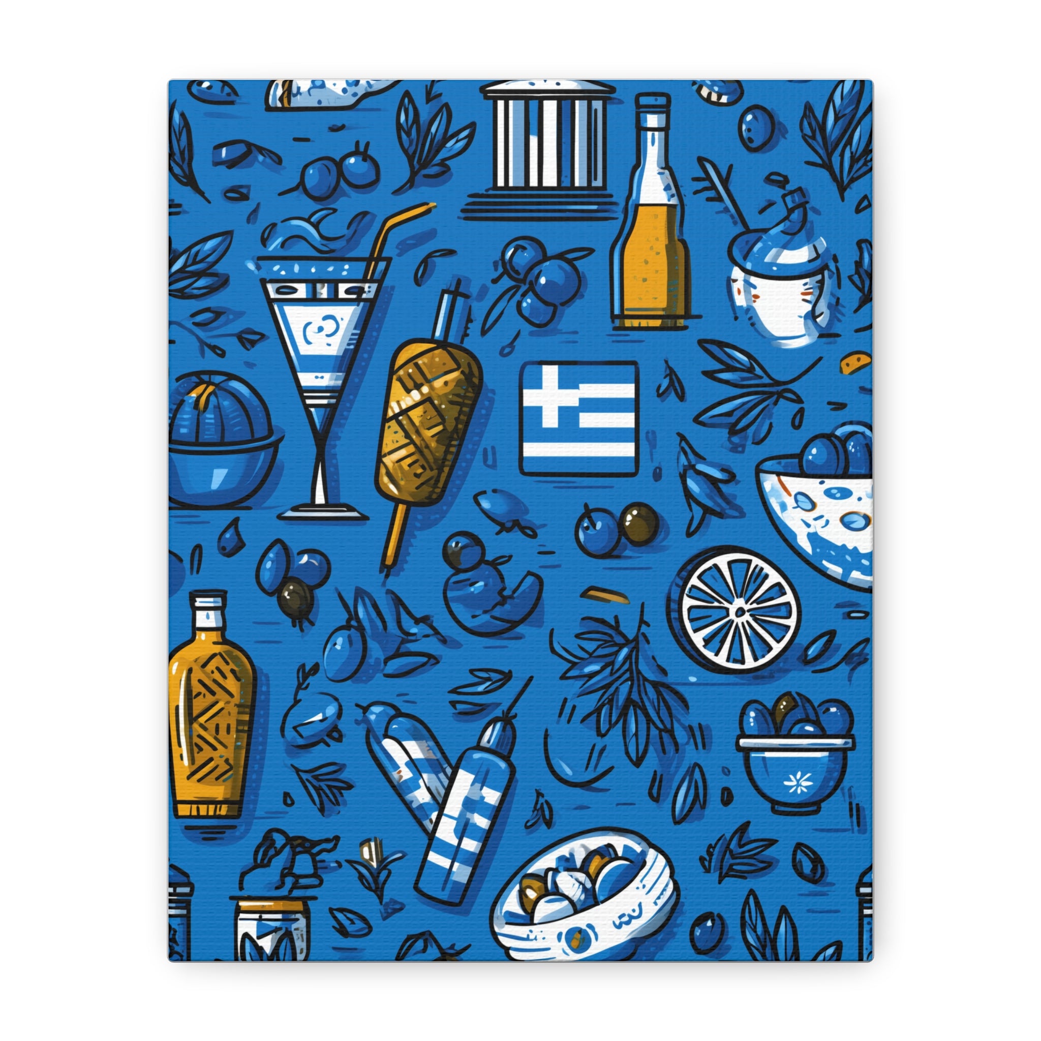 Vibrant Canvas Wall Art, Blue Mediterranean Theme, Kitchen Decor, Greek Party Decor, Olive and Drink Motif