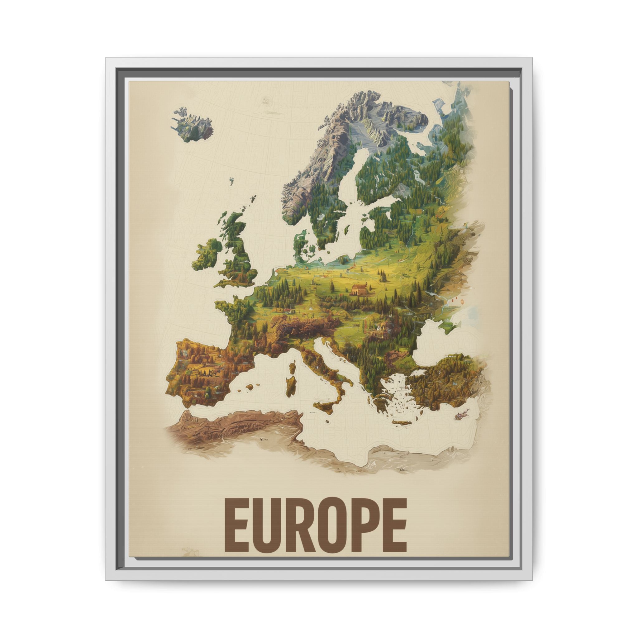 Framed Europe Map Canvas Print — Vintage Landscape Style Wall Art