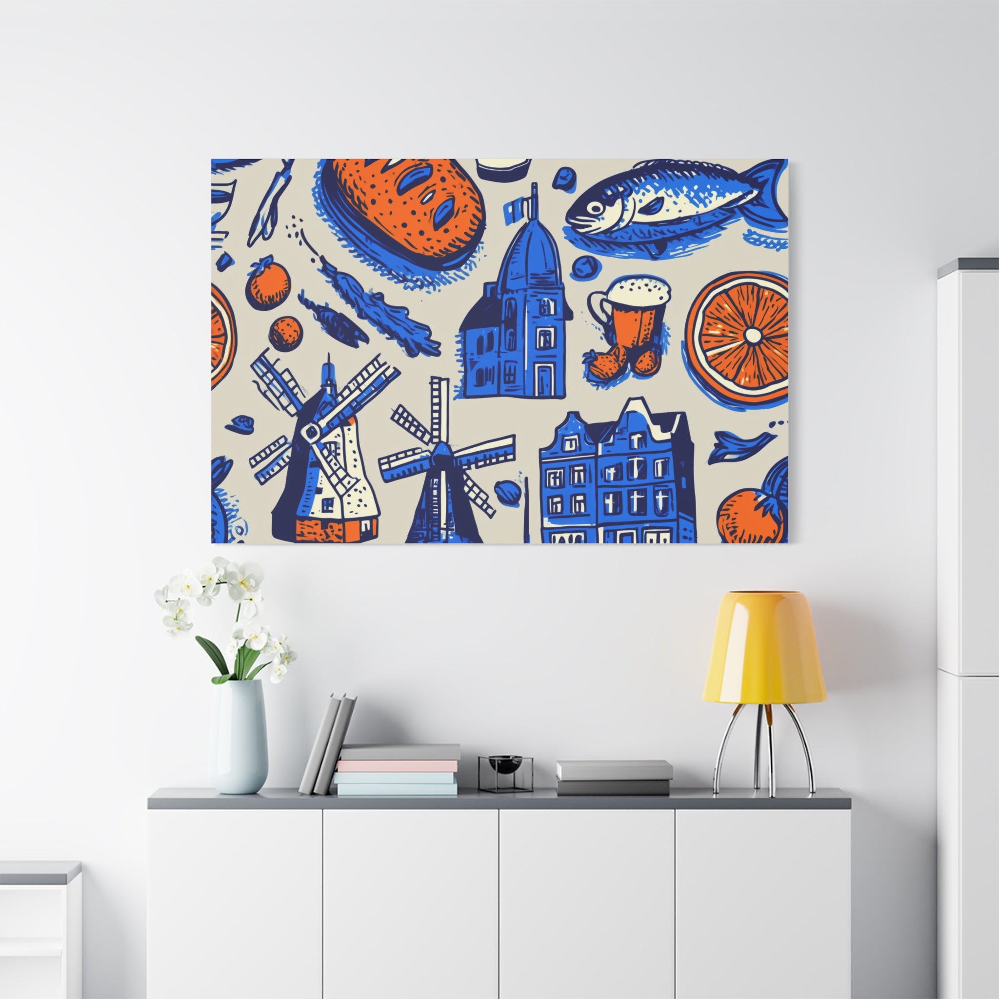 Dutch-Themed Matte Canvas Art Print, Wall Decor, Home Decor, Art Plaque, Gift for Food Lovers, Colorful Windmill Artwork