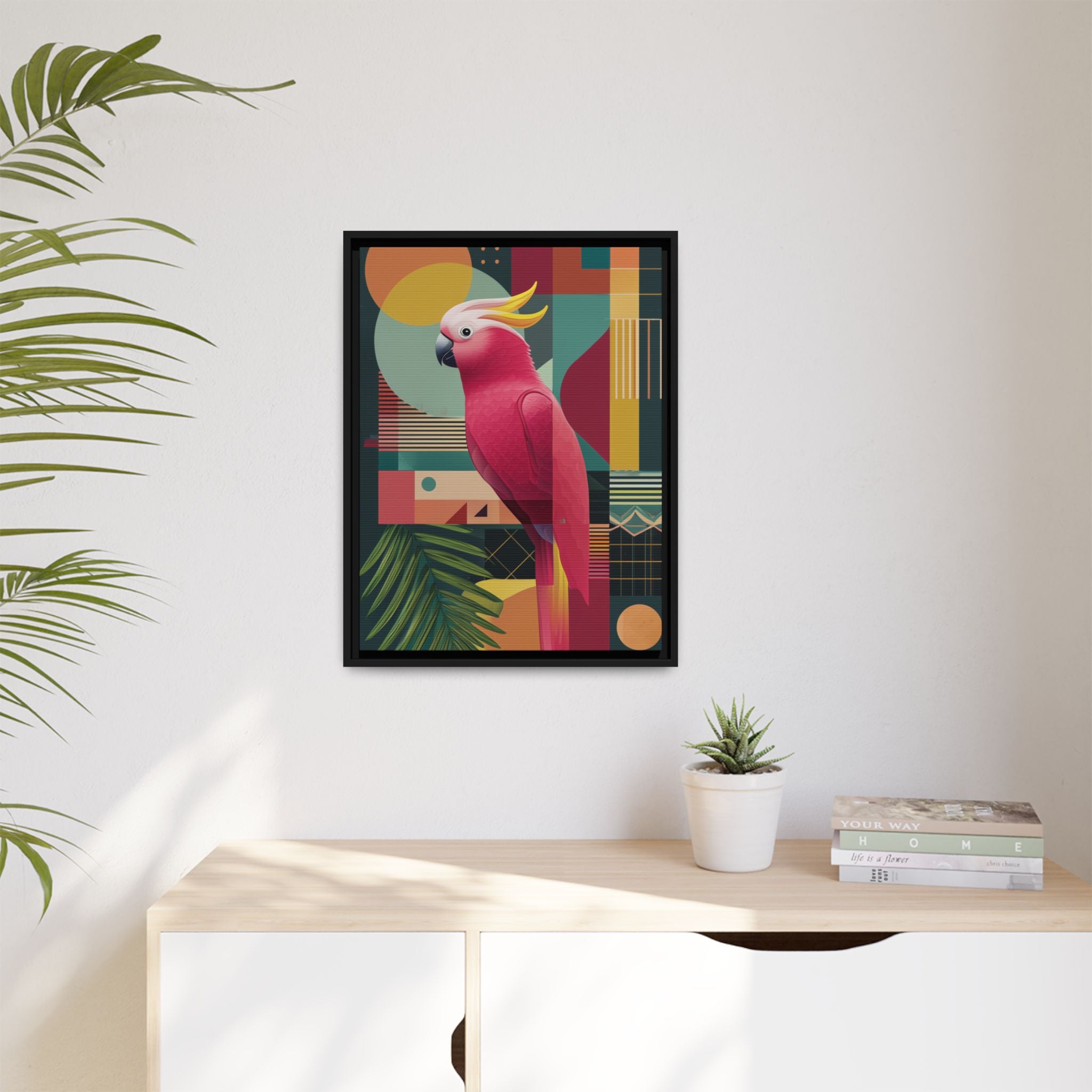 Geometric Cockatoo Framed Print: Mid-Century Modern Bird Art, Contemporary Graphic Print   |  Personalized & Custom Orders Available