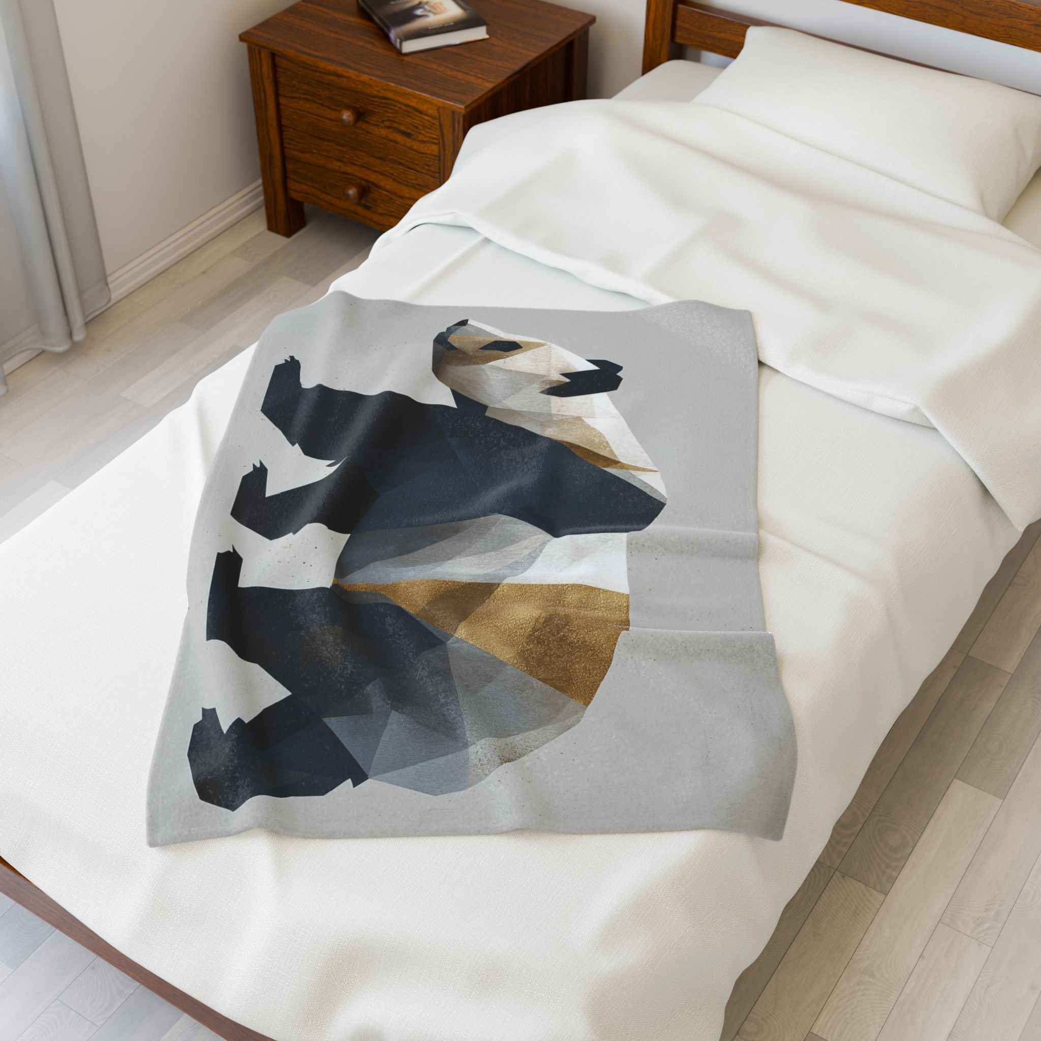 Velveteen Plush Geometric Panda Blanket: , Modern Minimalist Design, Gold and Monochrome Illustration   |  Personalized & Custom Order