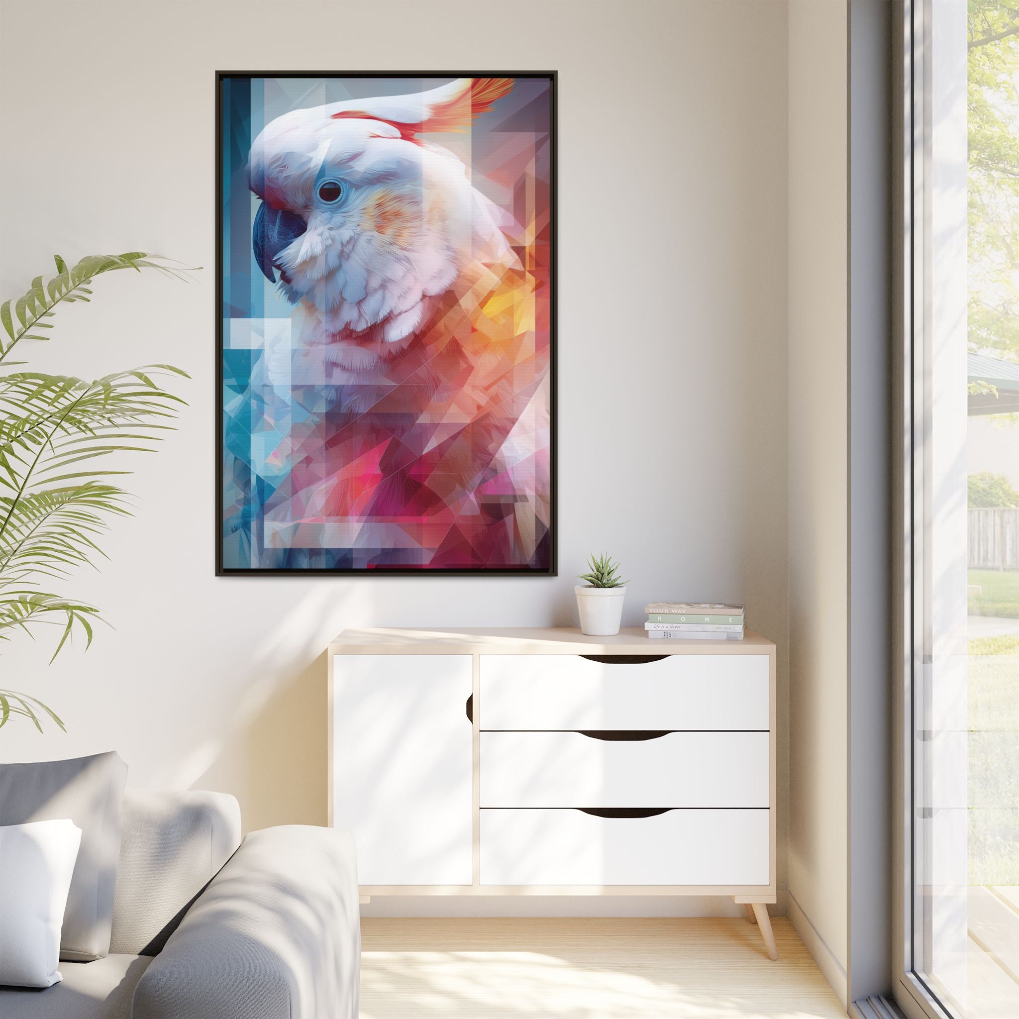 Fractured Cockatoo Framed Print: Geometric Wildlife Art, Low-Poly Digital Illustration   |  Personalized & Custom Orders Available