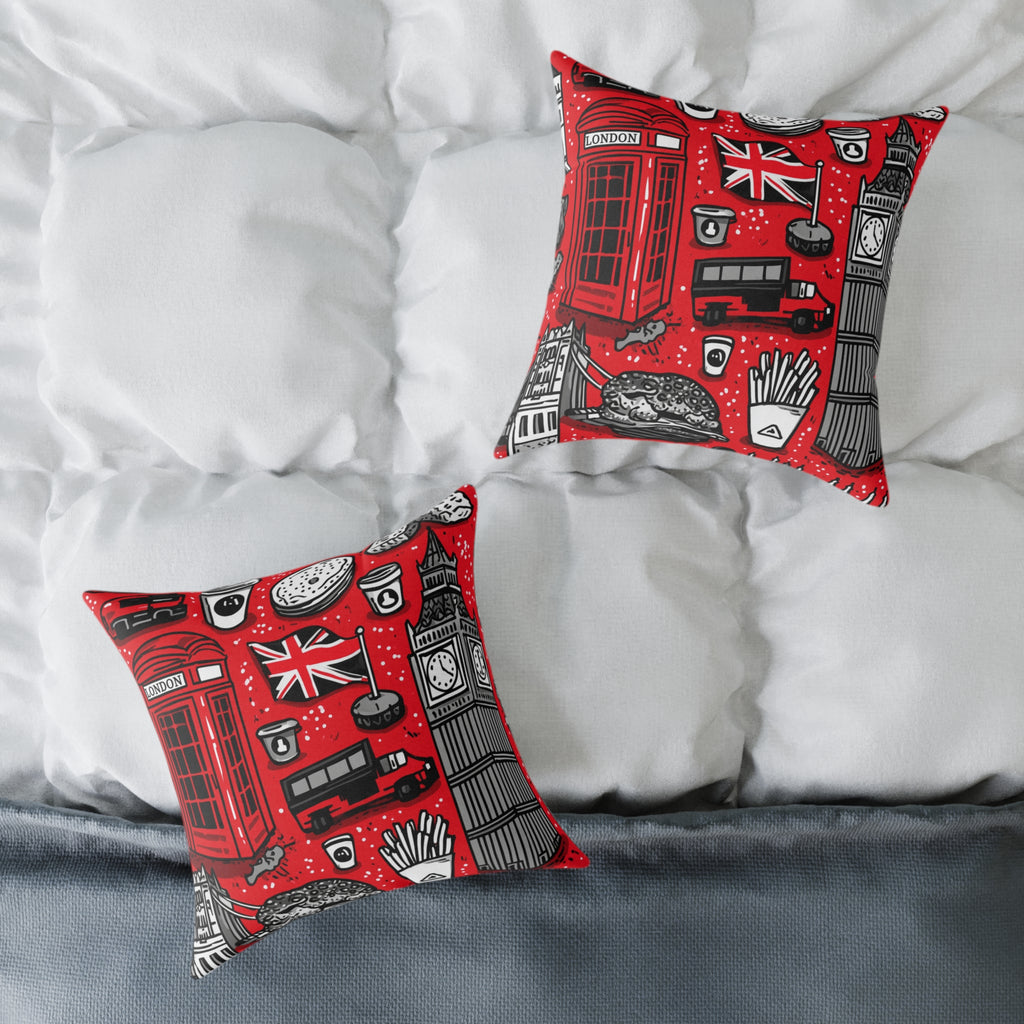 London-Themed Square Poly Canvas Pillow, Unique Home Decor, Cozy Cushion for Travel Lovers, British Inspired Design, Gift for Her