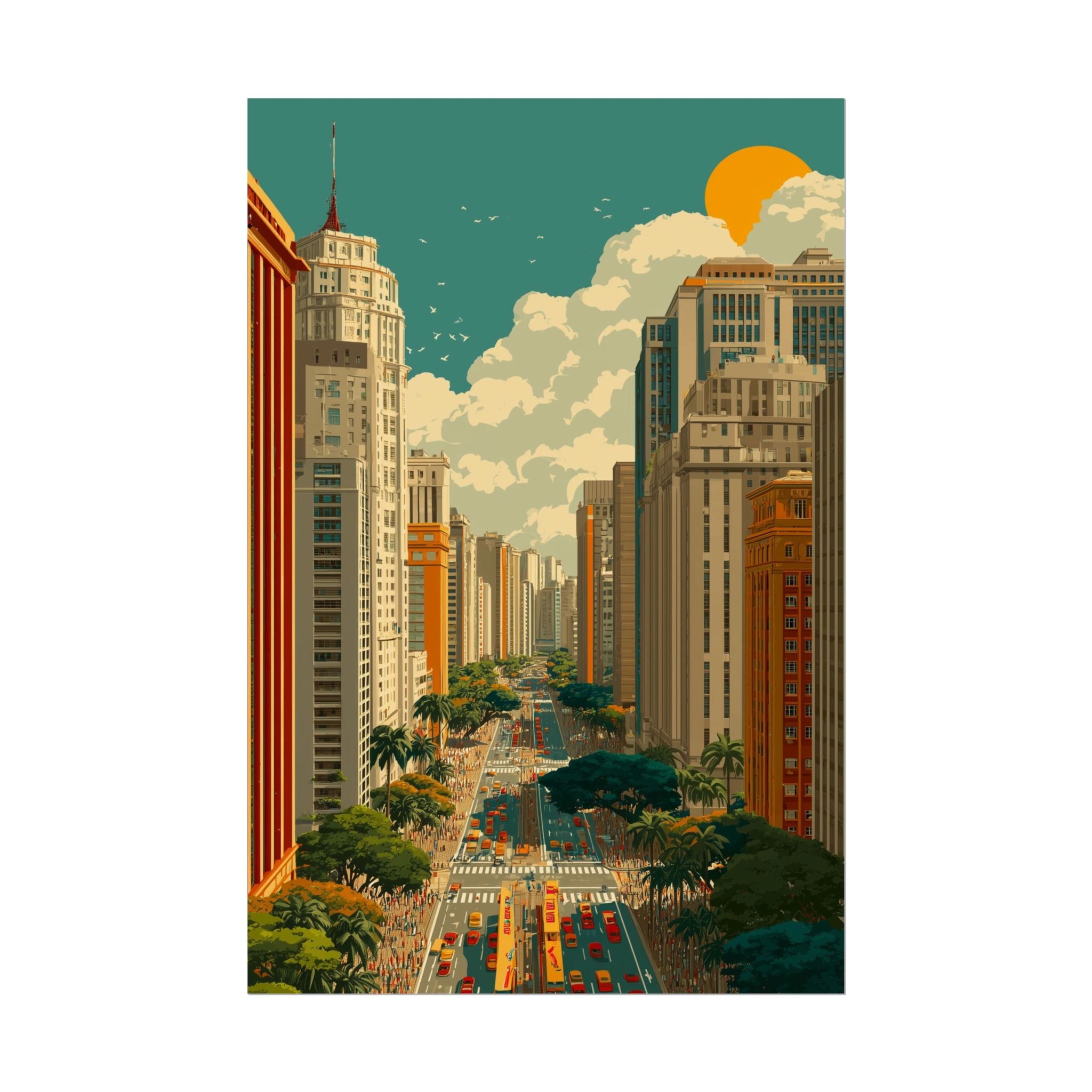 Urban Vibrancy: Retro Sao Paulo Skyline, Mid-Century Modern Cityscape   |    Custom Orders Available