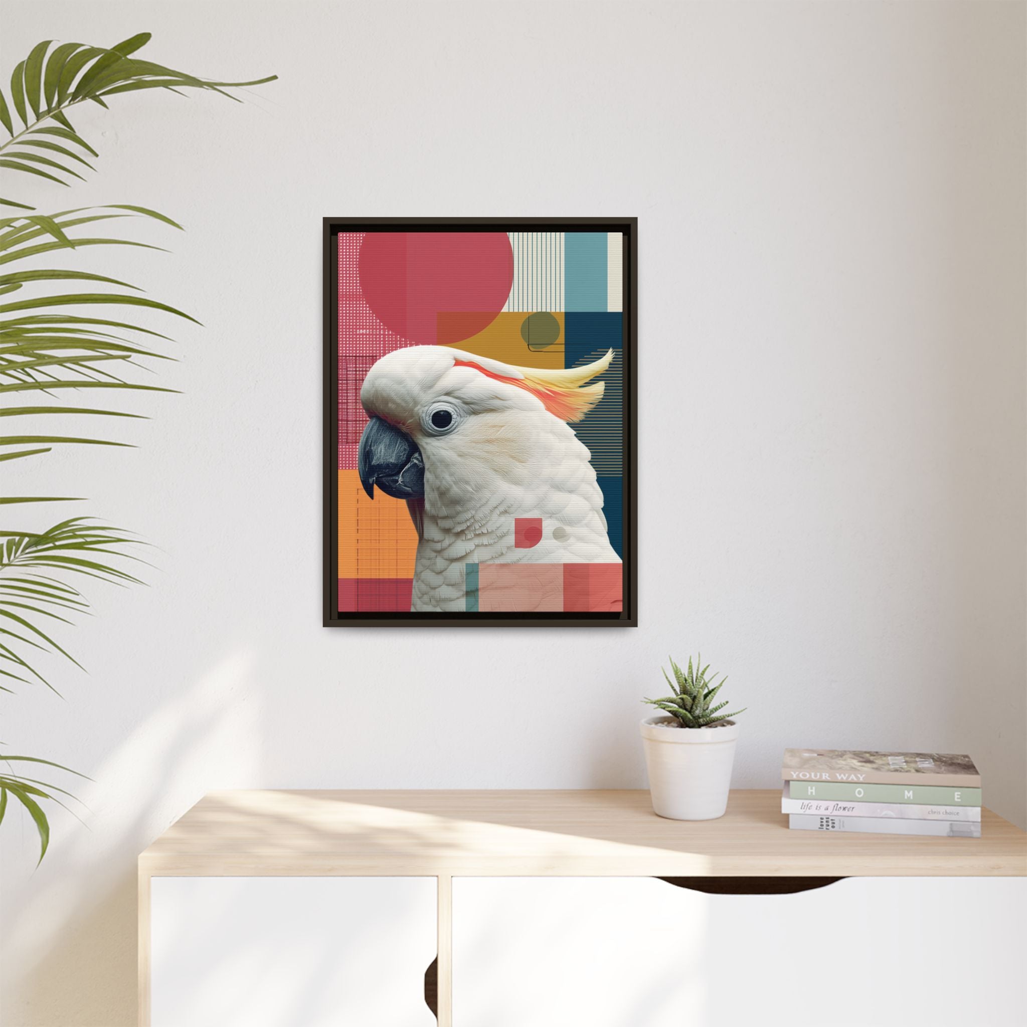 Framed Print, Cockatoo Abstract Geometric Wall Art, Matte Canvas, Colorful Bird Poster, Modern Home Decor, Tropical Animal Painting, Unique