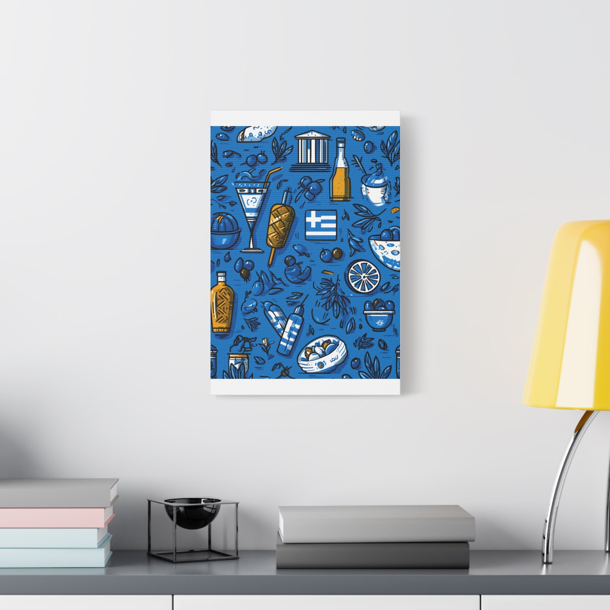 Vibrant Canvas Wall Art, Blue Mediterranean Theme, Kitchen Decor, Greek Party Decor, Olive and Drink Motif