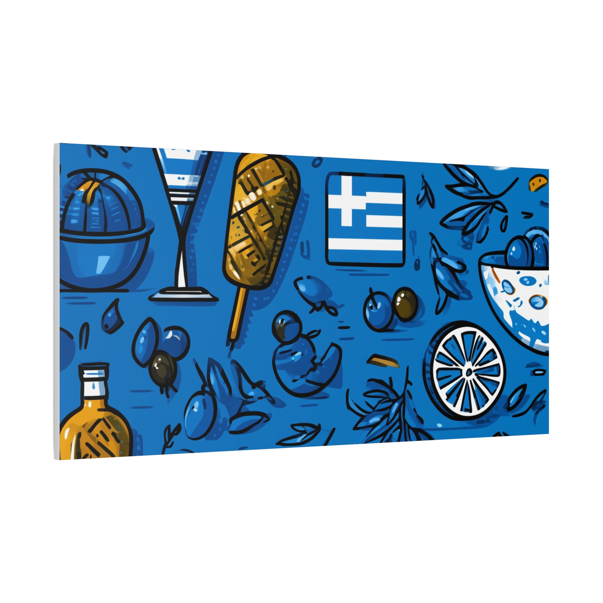Vibrant Canvas Wall Art, Blue Mediterranean Theme, Kitchen Decor, Greek Party Decor, Olive and Drink Motif