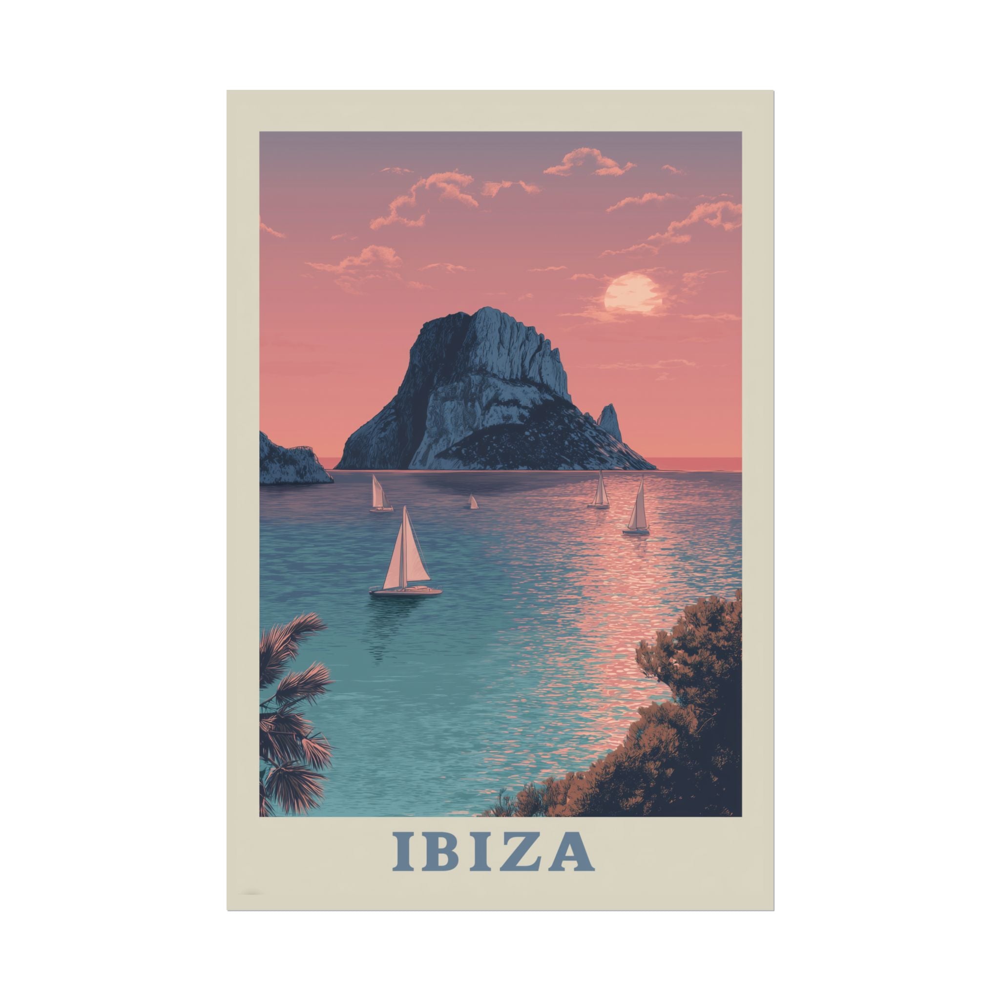 Ibiza Sunset Serenade: Vintage Travel Poster, Mediterranean Coastal Landscape   |    Custom Orders Available