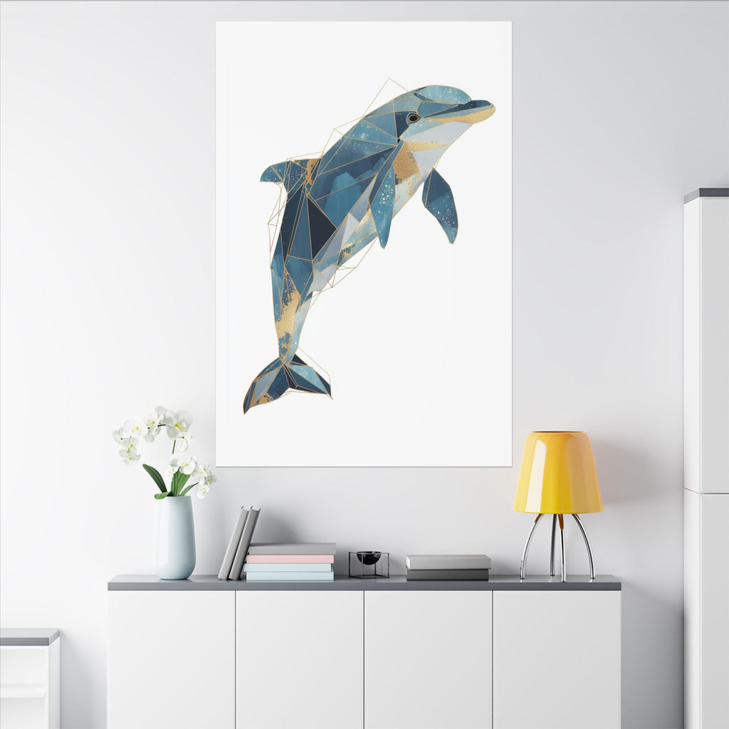 Celestial Dolphin: Geometric Marine Art, Low-Poly Oceanic Design, Blue and Gold Abstraction   |  Personalized & Custom Orders Available