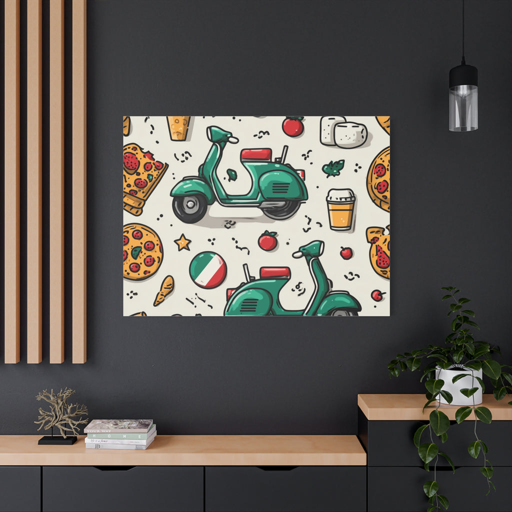 Vibrant Travel Nostalgia Canvas Art, Scooter Decor, Foodie Wall Art, Fun Home Decor, Gift for Adventurers, Kitchen Wall Hanging