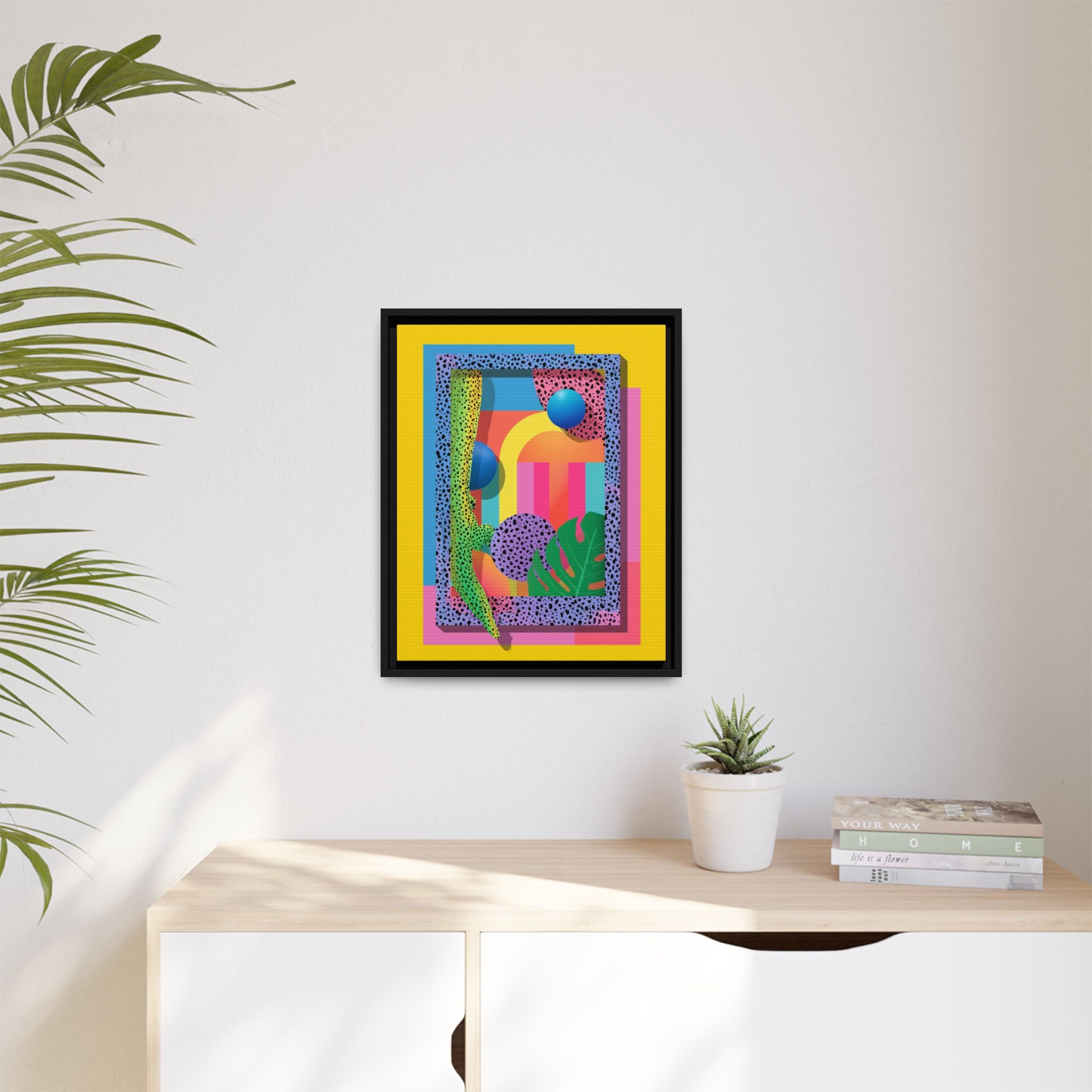 Geometric Rhythms: Abstract Layers of Color, Dimensional Shapes and Tropical Elements, Vibrant Modern Art Composition   |   Custom Orders