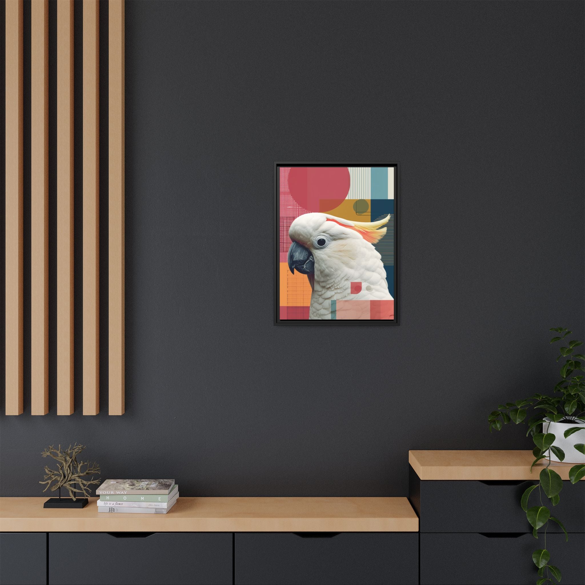 Framed Print, Cockatoo Abstract Geometric Wall Art, Matte Canvas, Colorful Bird Poster, Modern Home Decor, Tropical Animal Painting, Unique