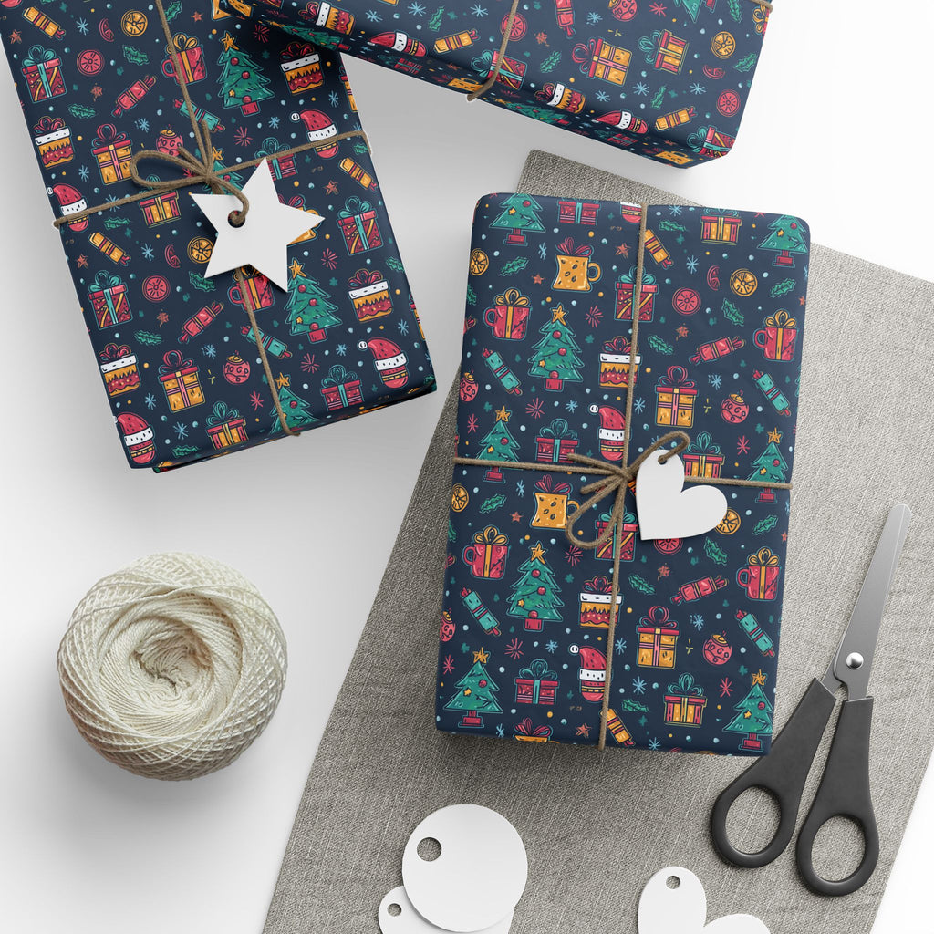 Holiday Gift Wrapping Paper Roll – Dark Christmas Icons Pattern (Trees, Presents, Stockings)