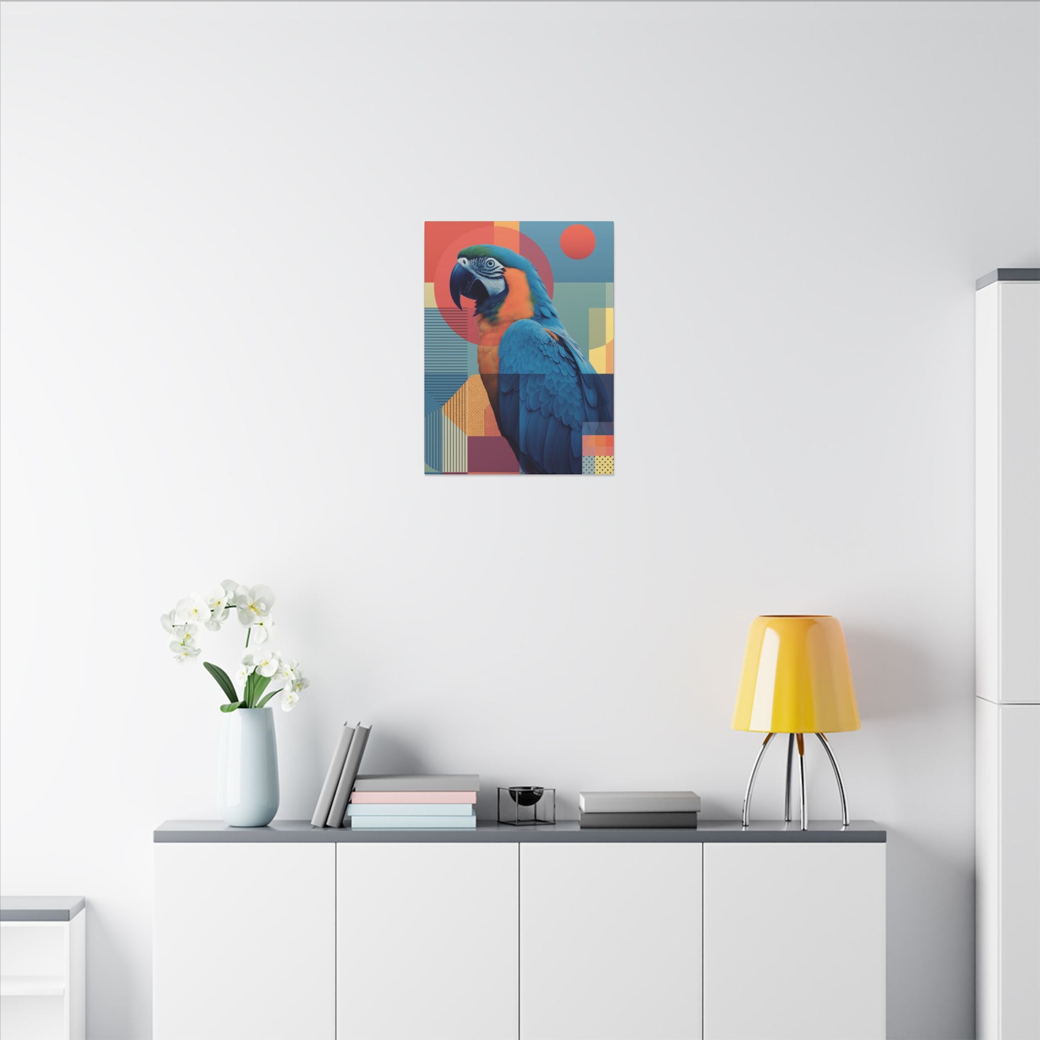 Macaw Mosaic: Mid-Century Modern Bird Portrait, Geometric Abstract Design   |    Custom Orders Available