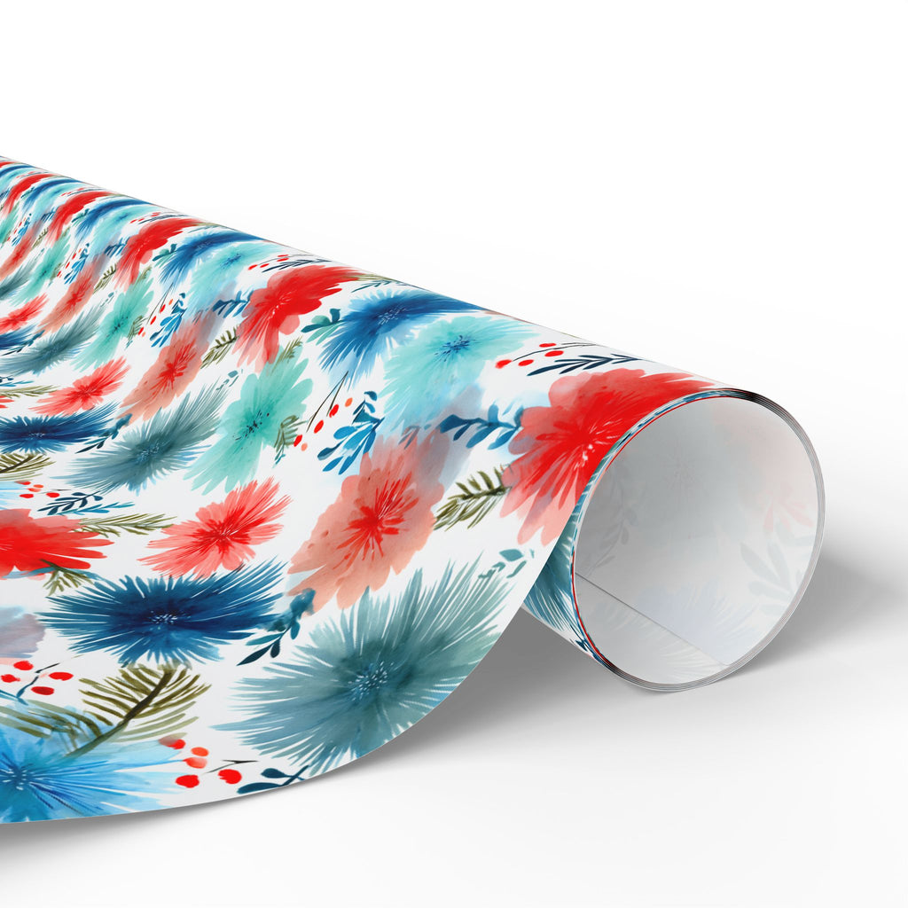 Wrapping Paper — Watercolor Floral Holiday Pattern (Red, Teal, Pine Sprigs)