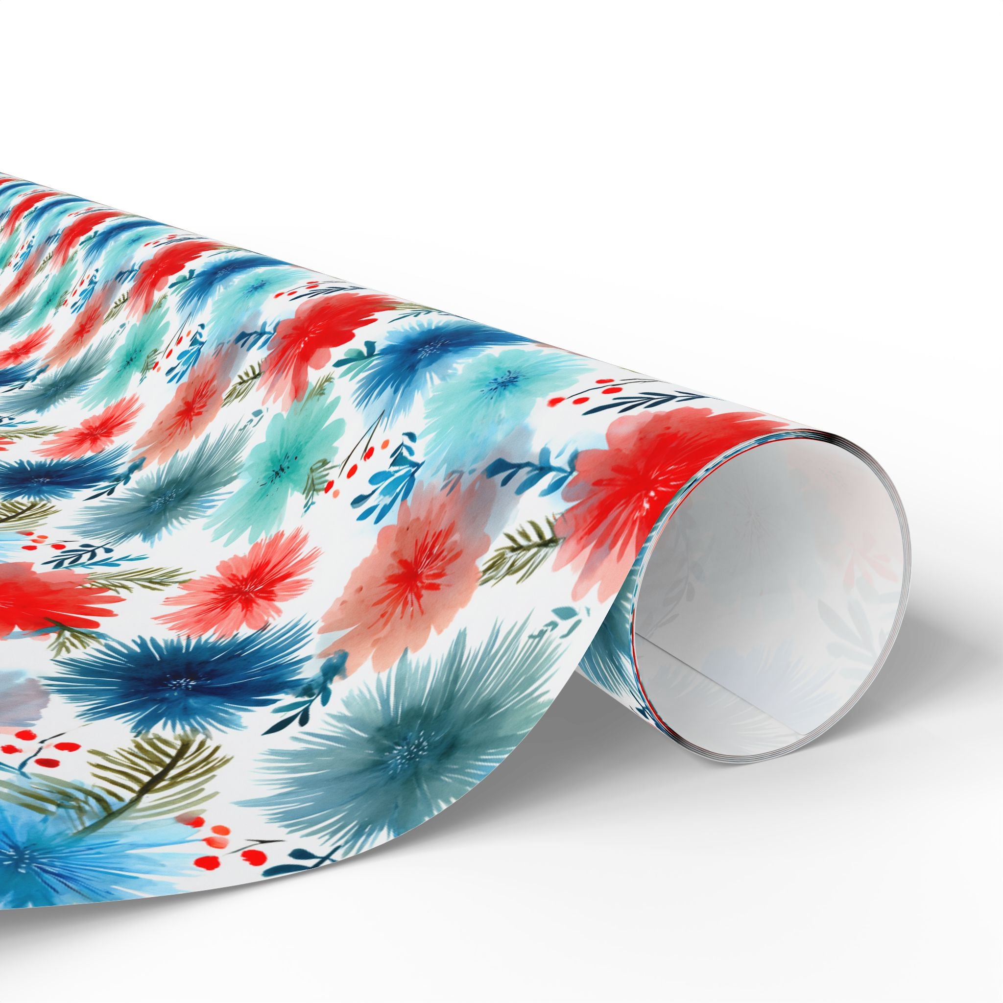 Wrapping Paper — Watercolor Floral Holiday Pattern (Red, Teal, Pine Sprigs)