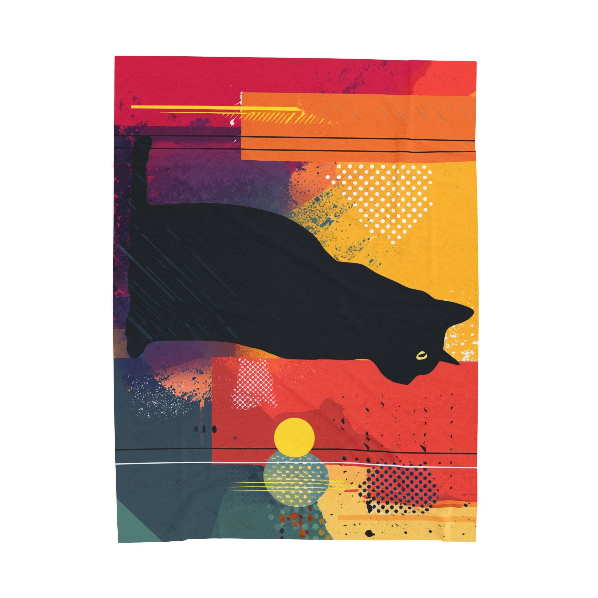 Feline Geometrica Blanket: Black Cat Silhouette, Abstract Color Blocks, Modern Graphic Design   |  Personalized & Custom Orders Available