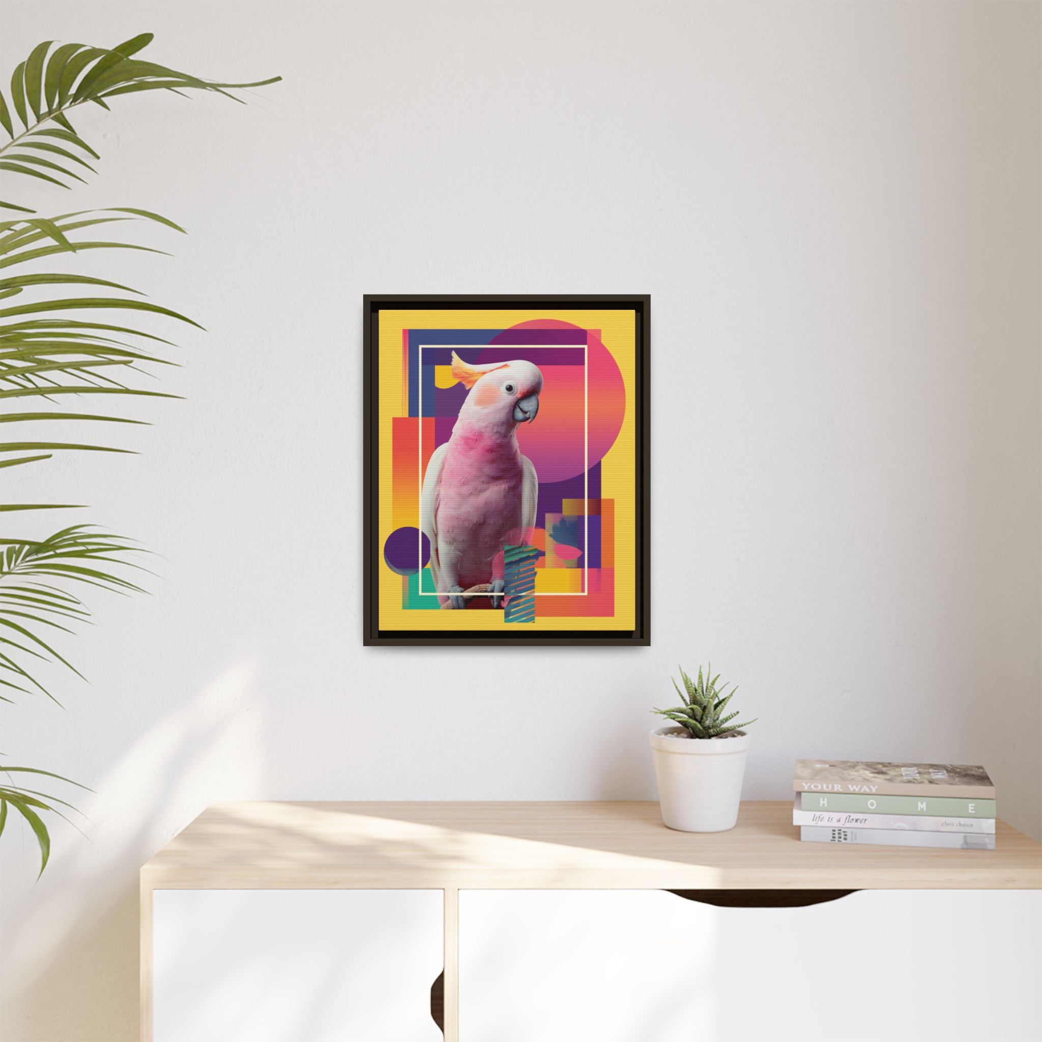 Framed Print, Cockatoo Abstract Geometric Wall Art, Matte Canvas, Colorful Bird Poster, Modern Home Decor, Tropical Animal Painting, Unique