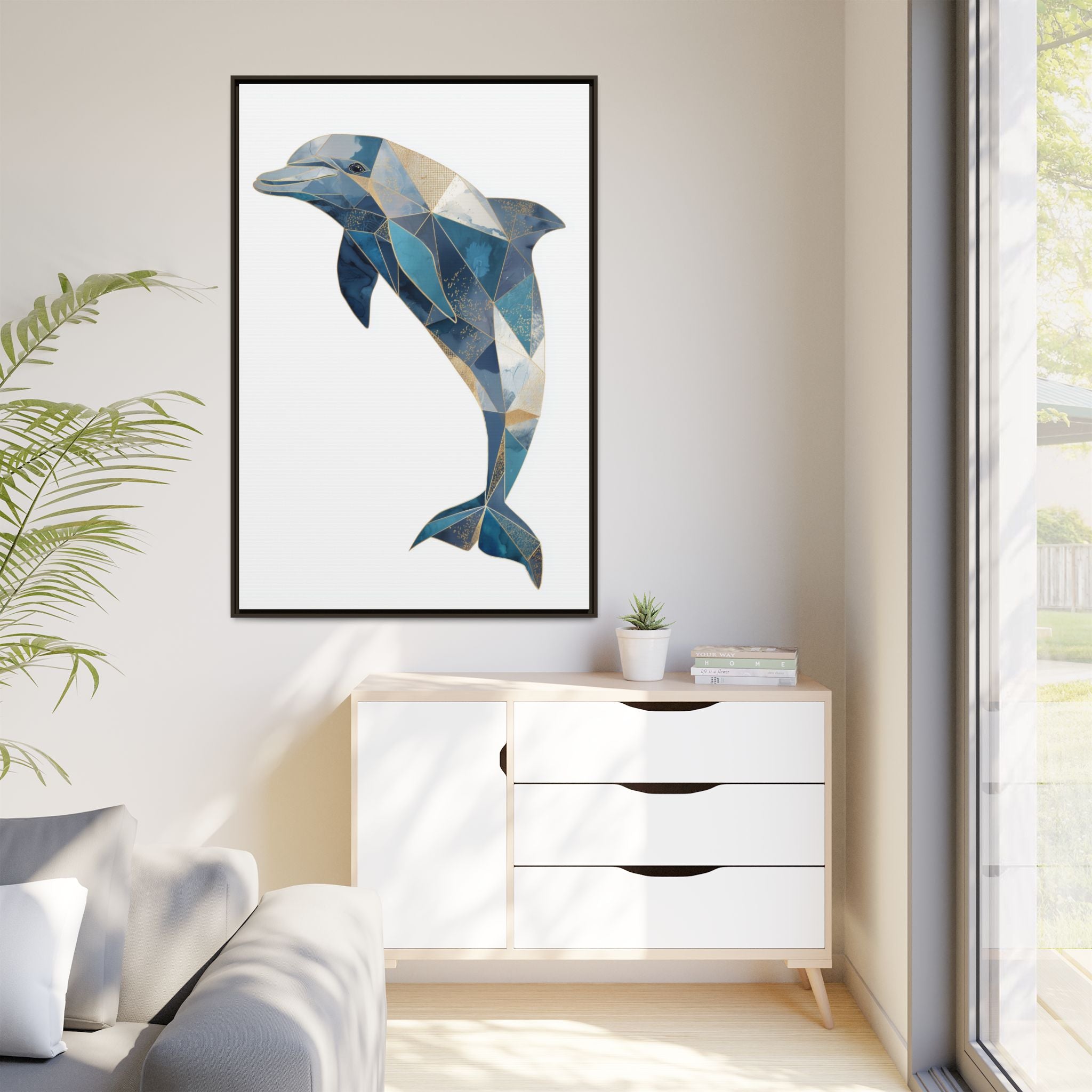 Geometric Dolphin Mosaic Framed Print , Contemporary Marine Art   |  Personalized & Custom Orders Available