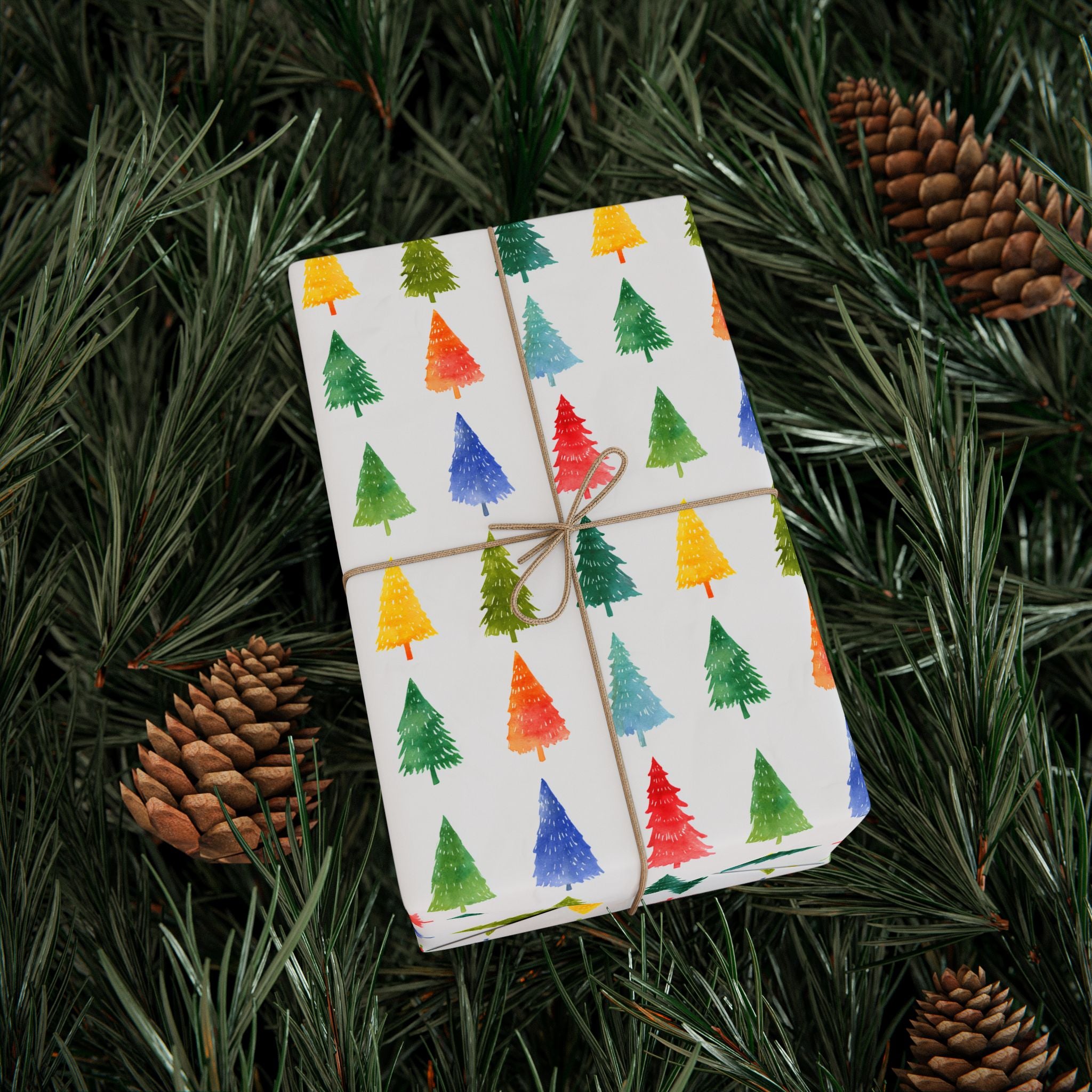 Festive Watercolor Christmas Tree Wrapping Paper - Colorful Holiday Gift Wrap