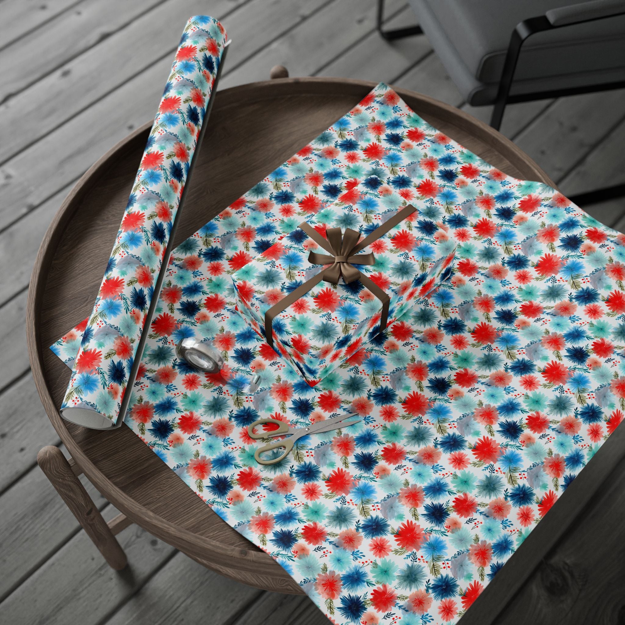 Wrapping Paper — Watercolor Floral Holiday Pattern (Red, Teal, Pine Sprigs)