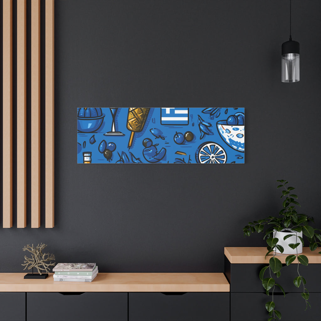Vibrant Canvas Wall Art, Blue Mediterranean Theme, Kitchen Decor, Greek Party Decor, Olive and Drink Motif