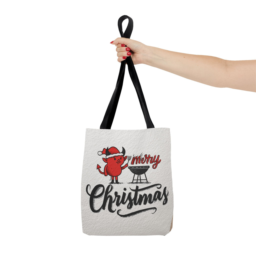 Festive Tote Bag, Christmas Gift, Holiday Shopping Bag, Red Devil BBQ Design, Merry Christmas Tote