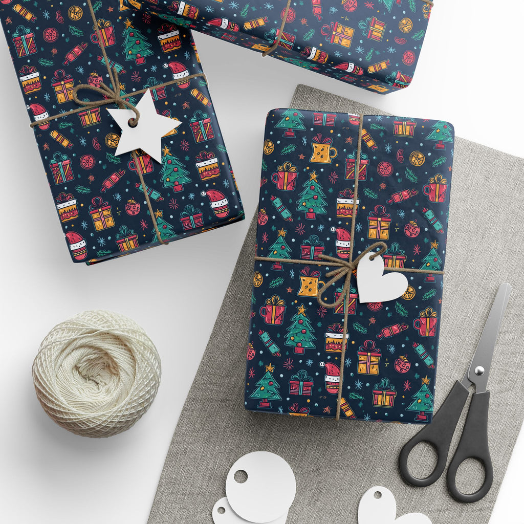 Holiday Gift Wrapping Paper Roll – Dark Christmas Icons Pattern (Trees, Presents, Stockings)
