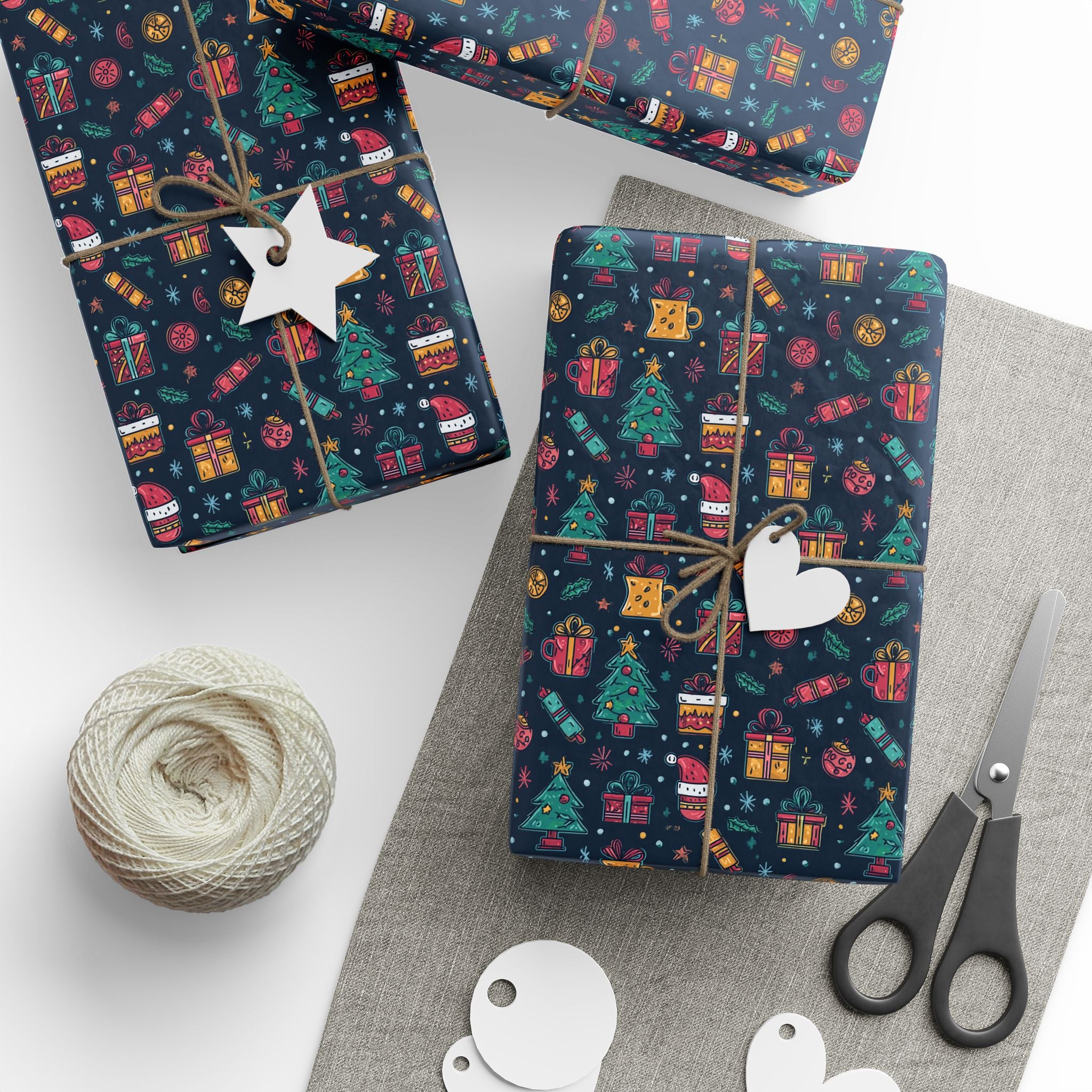 Holiday Gift Wrapping Paper Roll – Dark Christmas Icons Pattern (Trees, Presents, Stockings)