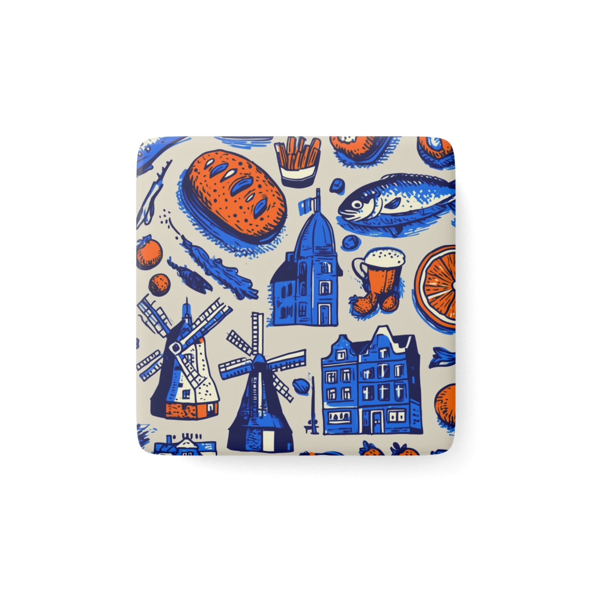 Charming Porcelain Square Magnet with Dutch Illustrations, Travel Souvenir, Kitchen Decor, Home Gift, Collector's Item