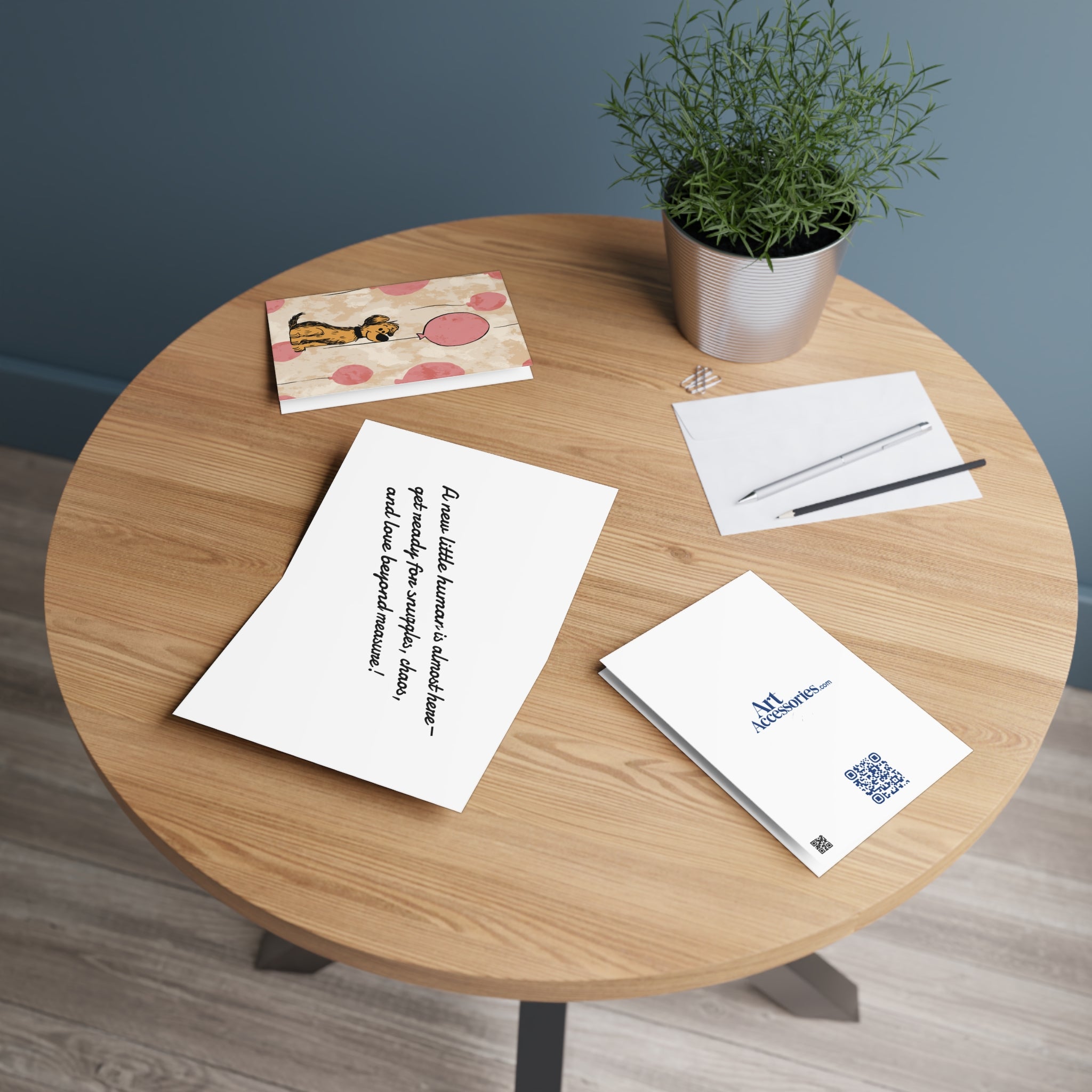 Cute Puppy with Pink Balloons Greeting Card — Birthday, New Puppy, Kids Card