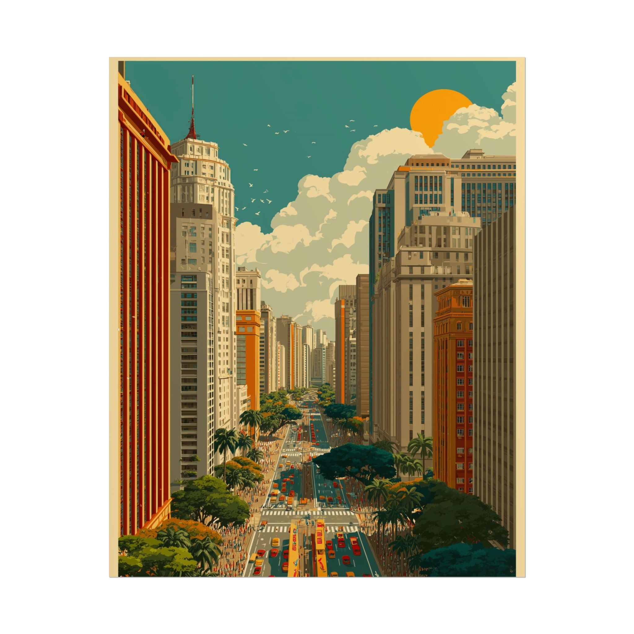 Urban Vibrancy: Retro Sao Paulo Skyline, Mid-Century Modern Cityscape   |    Custom Orders Available